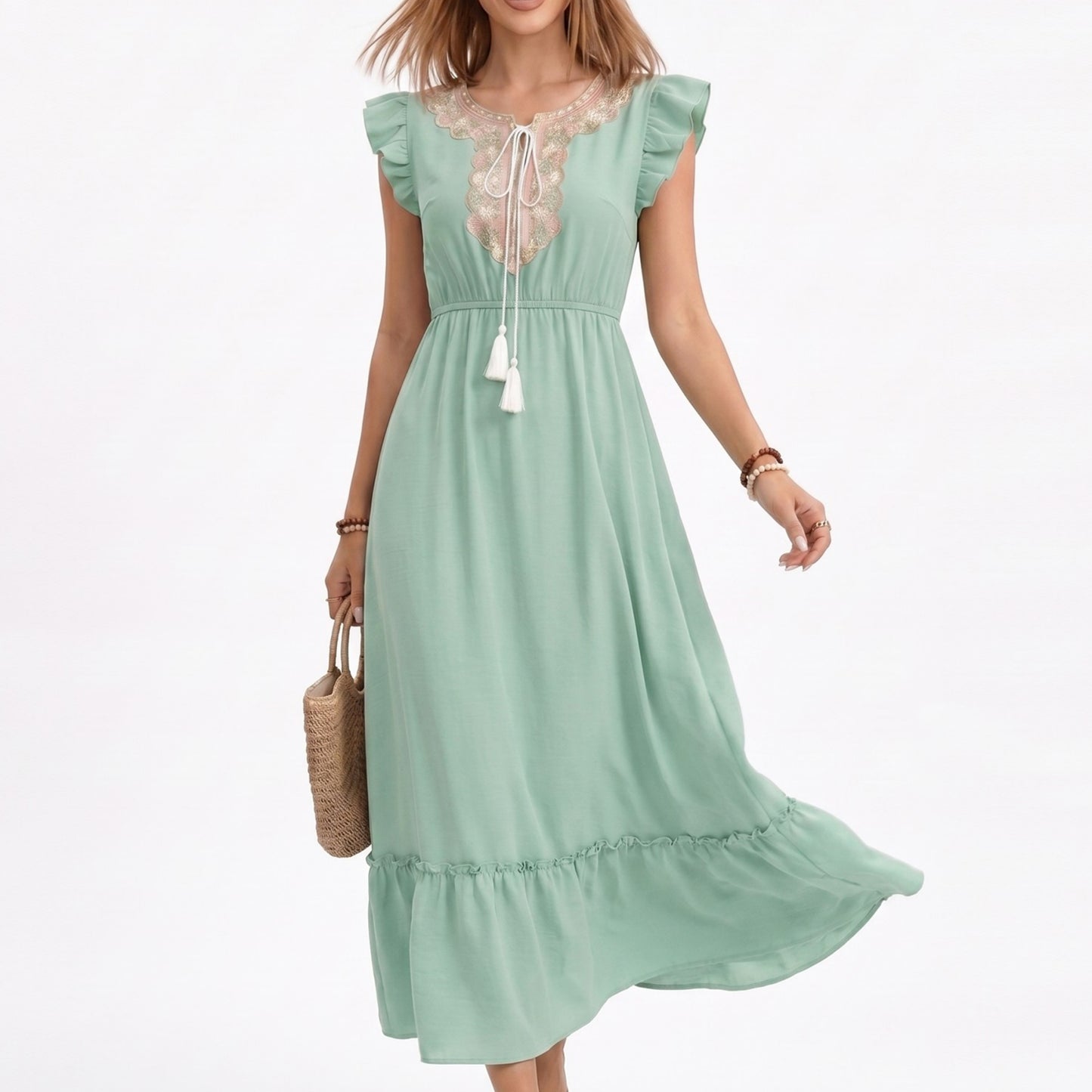 Ruffle Sleeve Maxi Dress with Tie Neck and Embroidered Trim