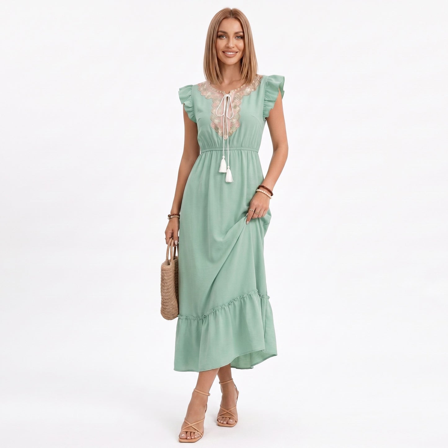 Ruffle Sleeve Maxi Dress with Tie Neck and Embroidered Trim