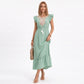 Ruffle Sleeve Maxi Dress with Tie Neck and Embroidered Trim