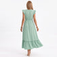 Ruffle Sleeve Maxi Dress with Tie Neck and Embroidered Trim