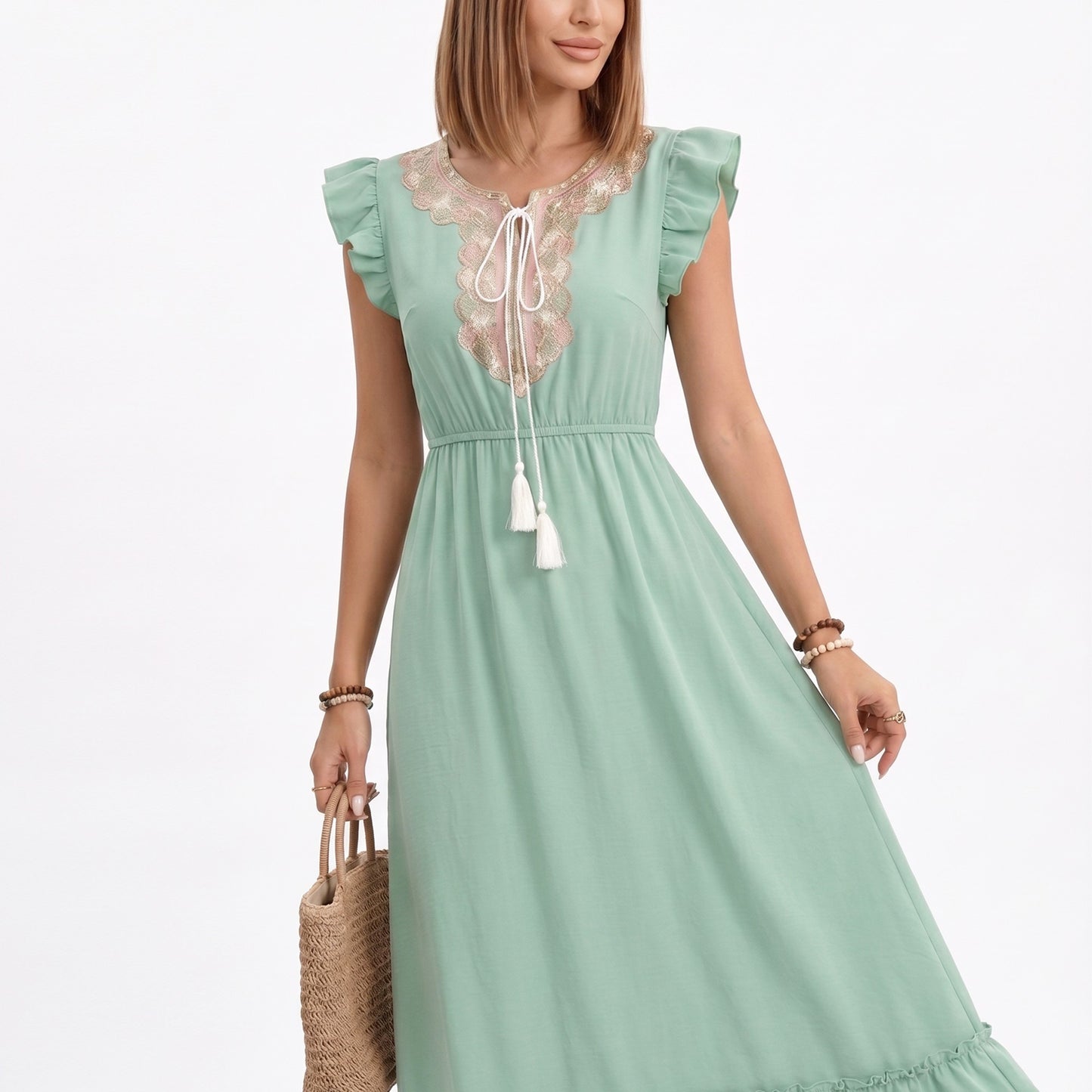 Ruffle Sleeve Maxi Dress with Tie Neck and Embroidered Trim