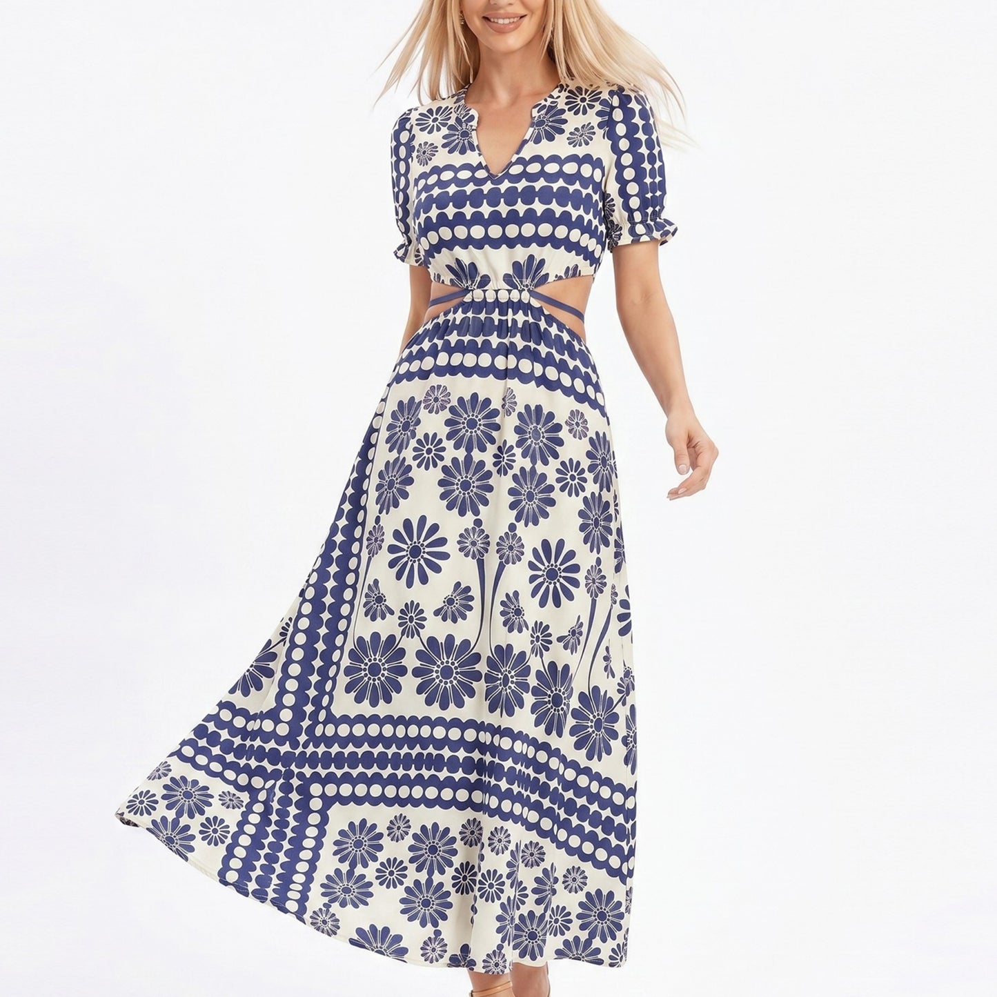 Cutout Maxi Dress with Short Sleeves and Tie Waist Detail