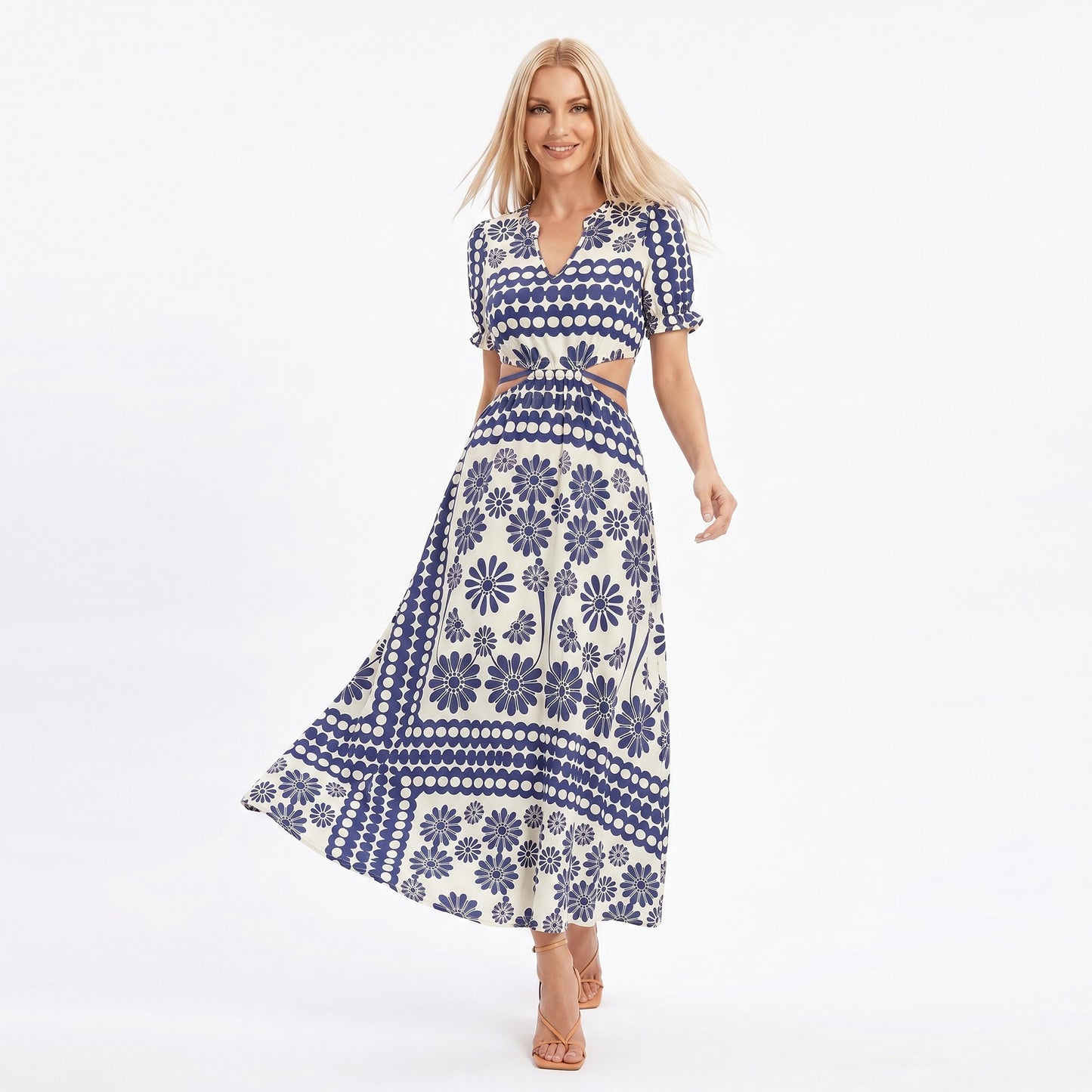 Cutout Maxi Dress with Short Sleeves and Tie Waist Detail