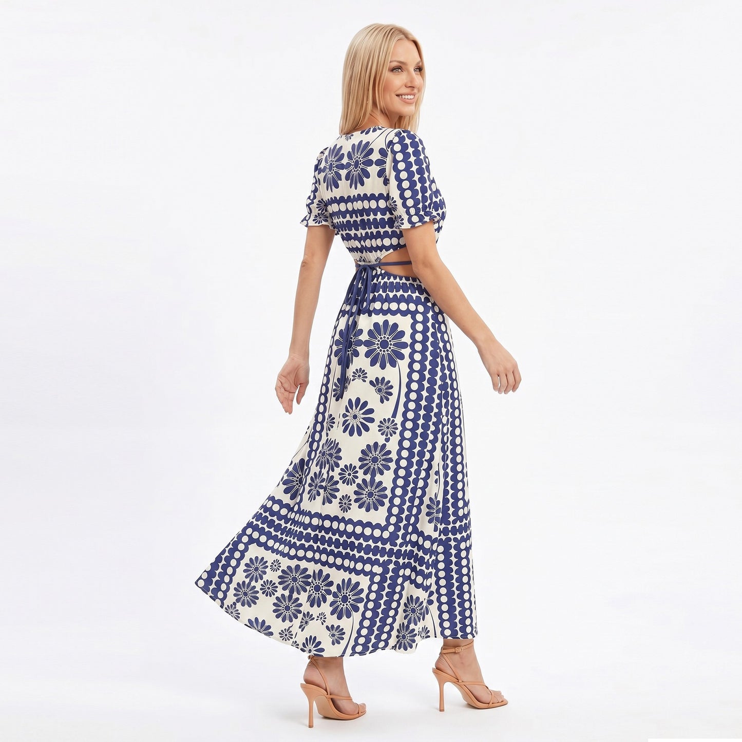 Cutout Maxi Dress with Short Sleeves and Tie Waist Detail