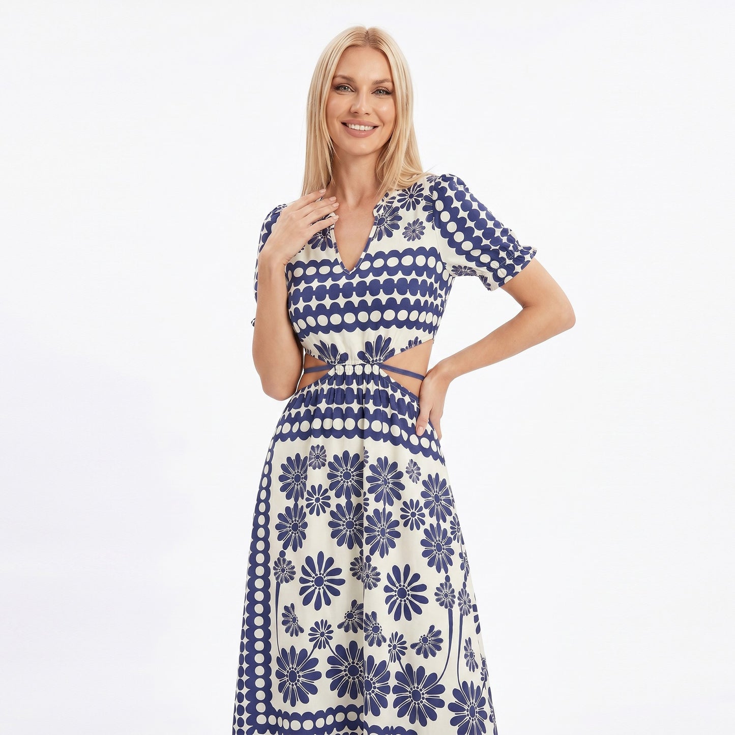 Cutout Maxi Dress with Short Sleeves and Tie Waist Detail
