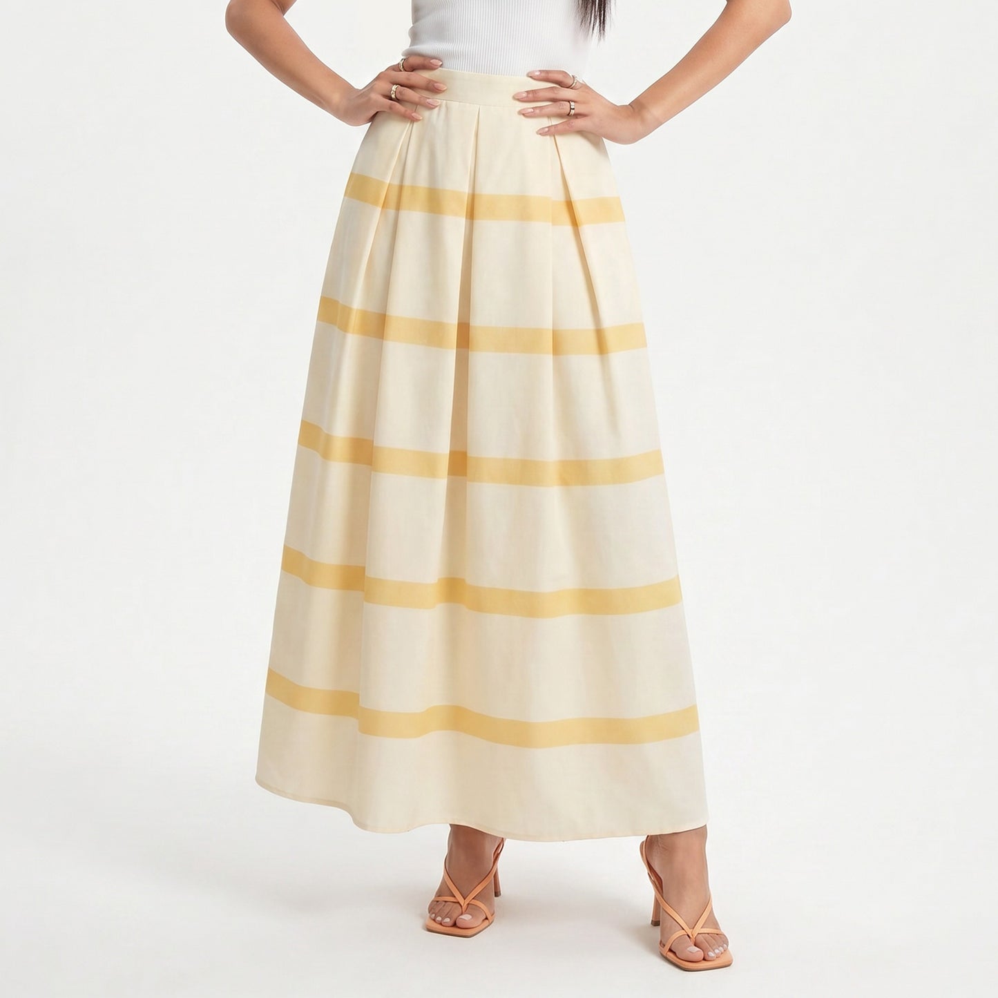 Striped Maxi Skirt with Pleated Waist and A Line Silhouette