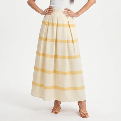 Striped Maxi Skirt with Pleated Waist and A Line Silhouette