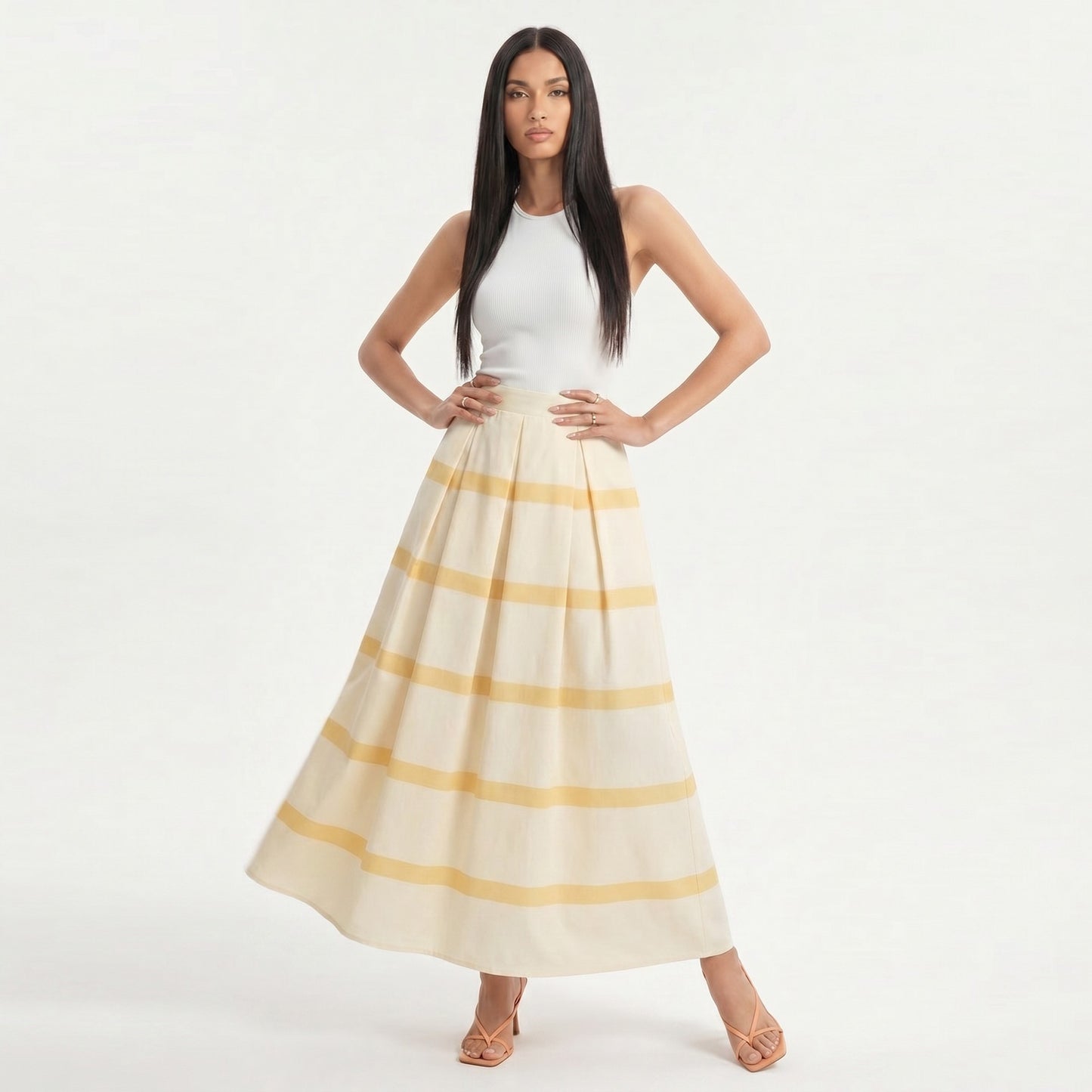 Striped Maxi Skirt with Pleated Waist and A Line Silhouette