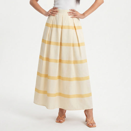 Striped Maxi Skirt with Pleated Waist and A Line Silhouette