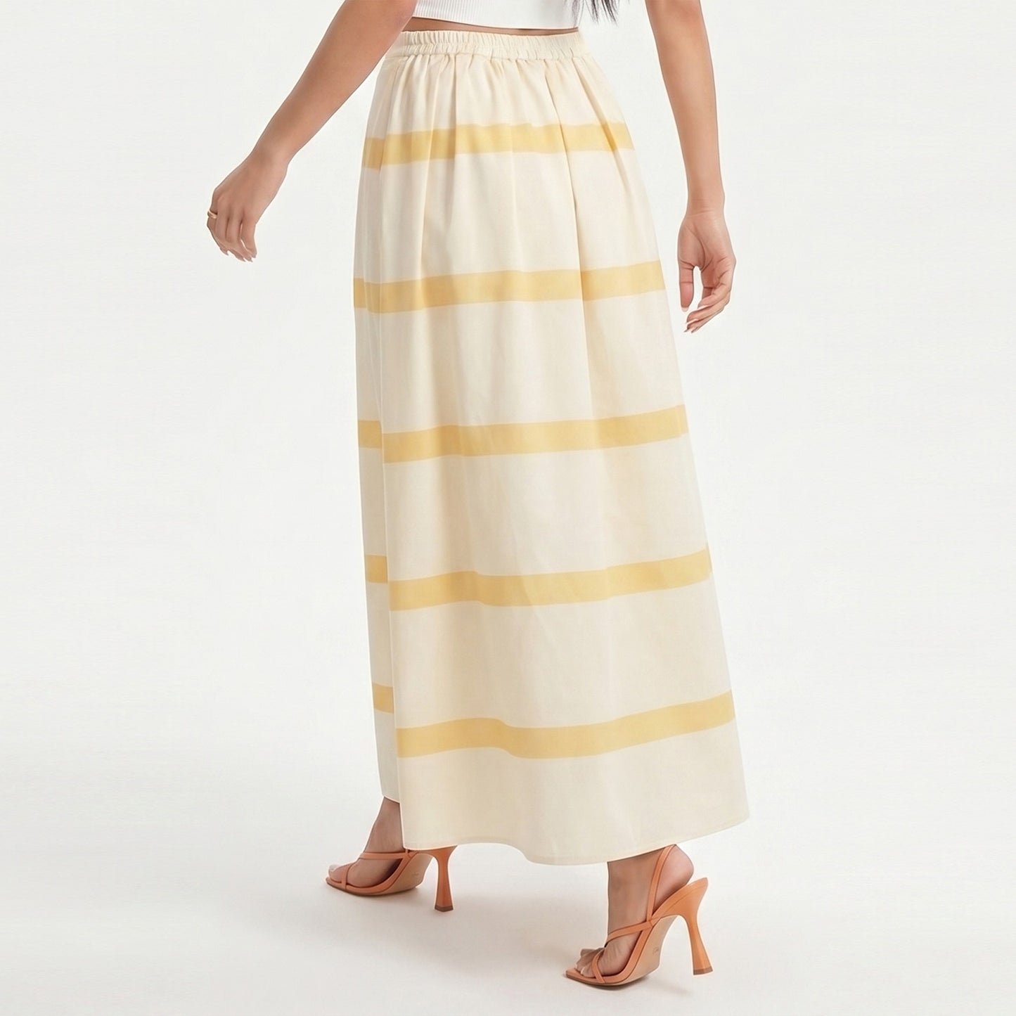 Striped Maxi Skirt with Pleated Waist and A Line Silhouette
