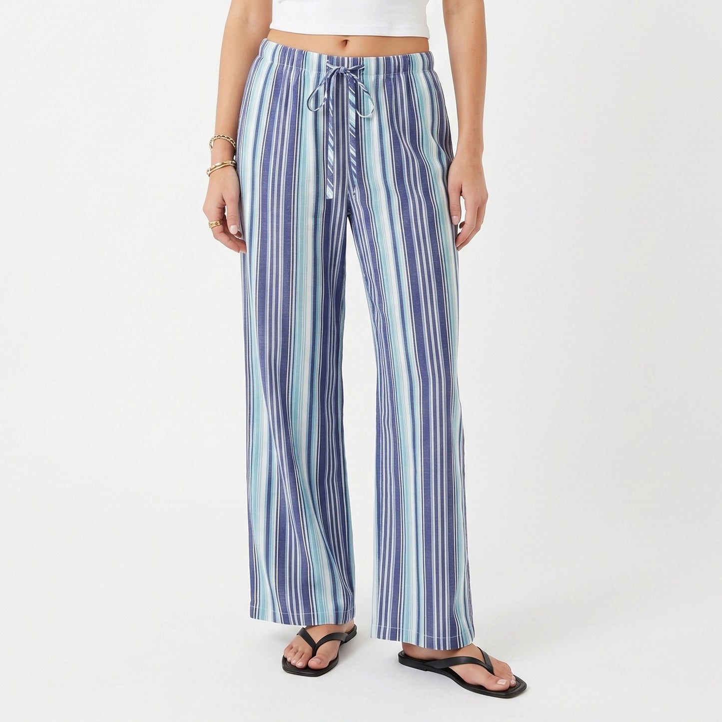 Striped Wide Leg Pants with Drawstring Waist