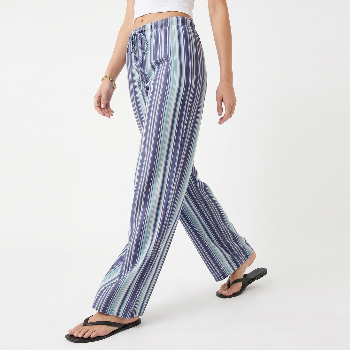 Striped Wide Leg Pants with Drawstring Waist