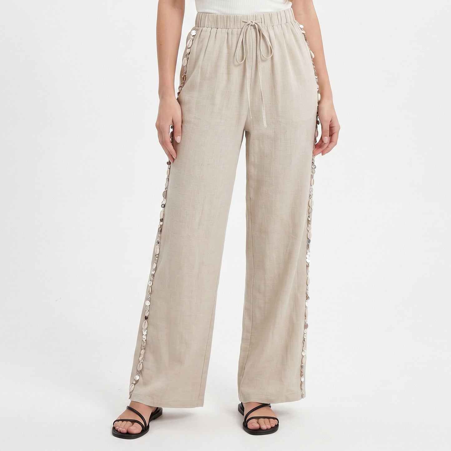 Wide Leg Pants with Drawstring Waist and Side Sequin Trim