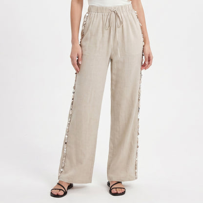 Wide Leg Pants with Drawstring Waist and Side Sequin Trim