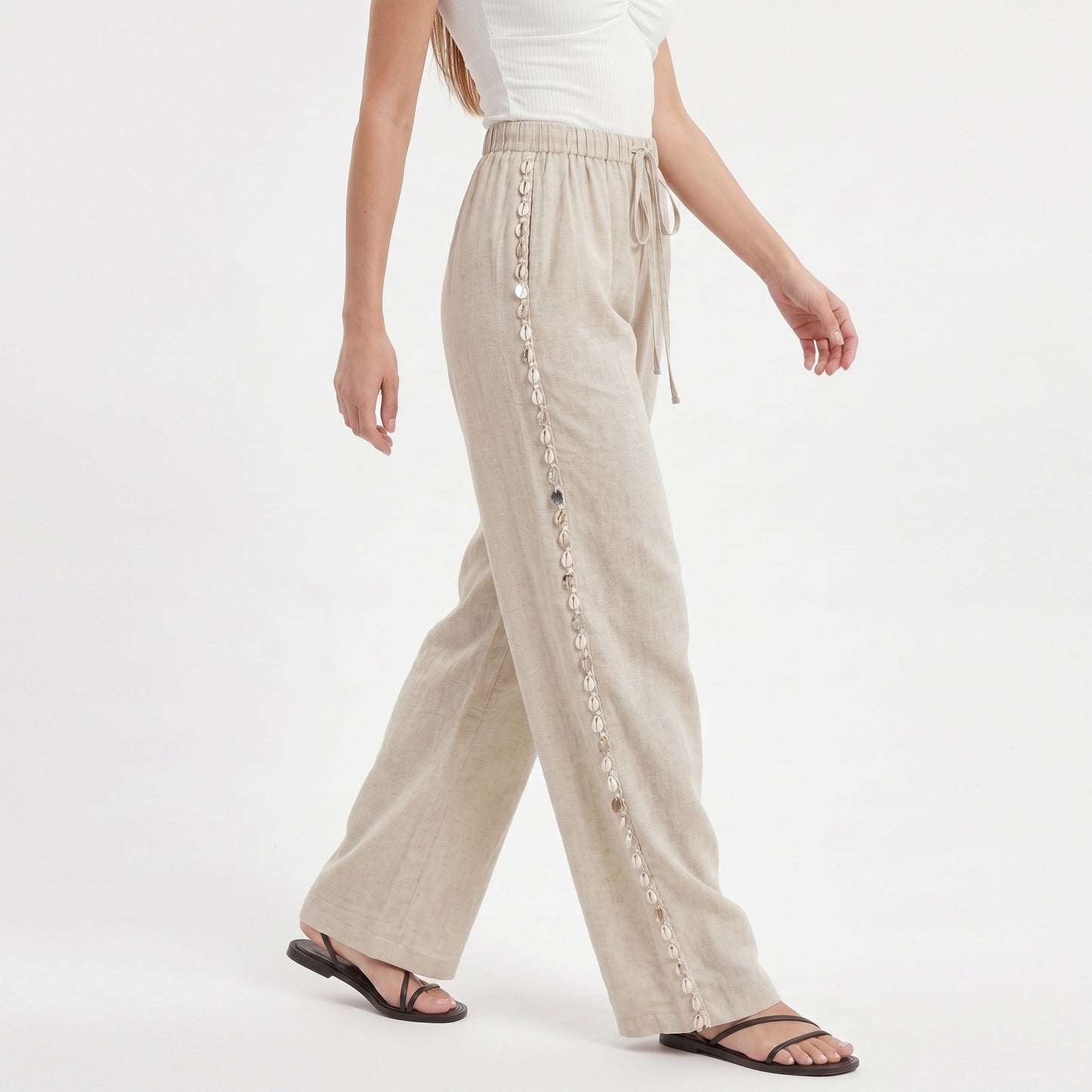 Wide Leg Pants with Drawstring Waist and Side Sequin Trim