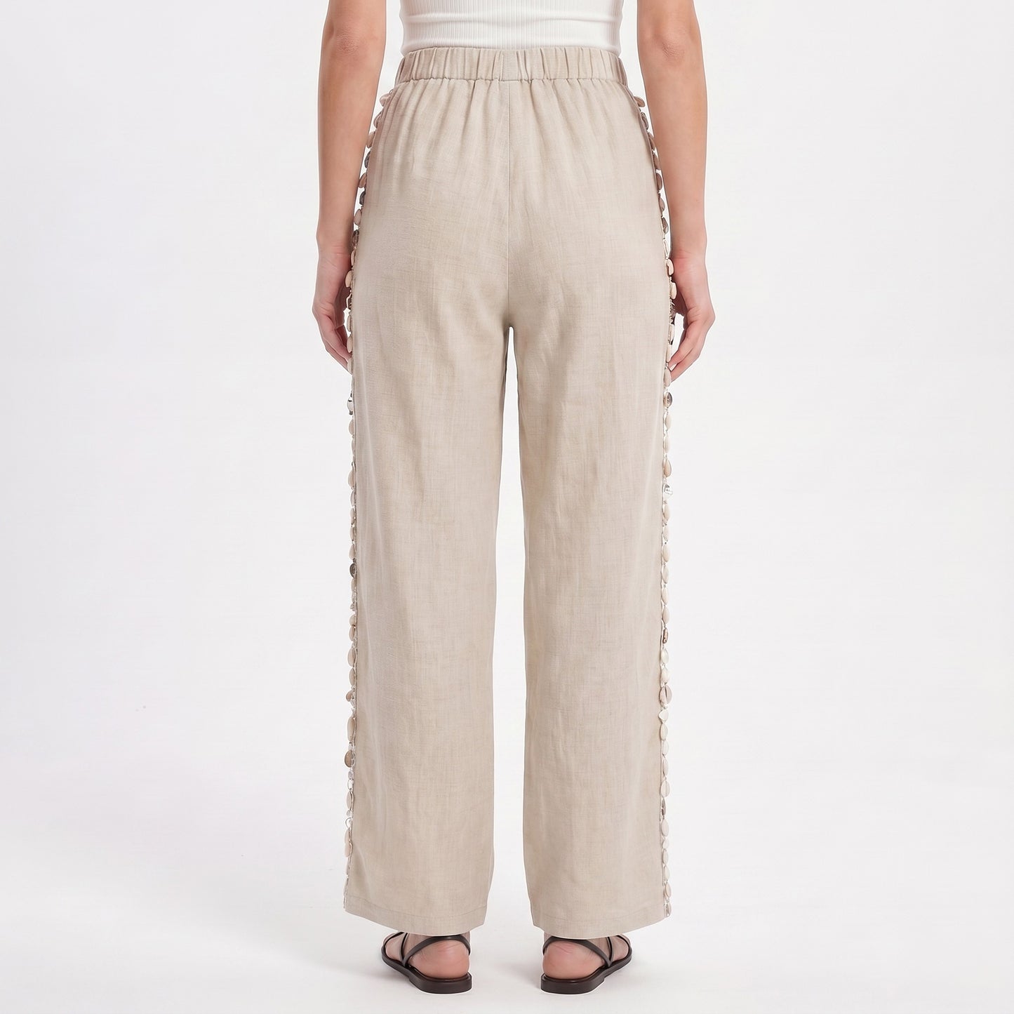 Wide Leg Pants with Drawstring Waist and Side Sequin Trim