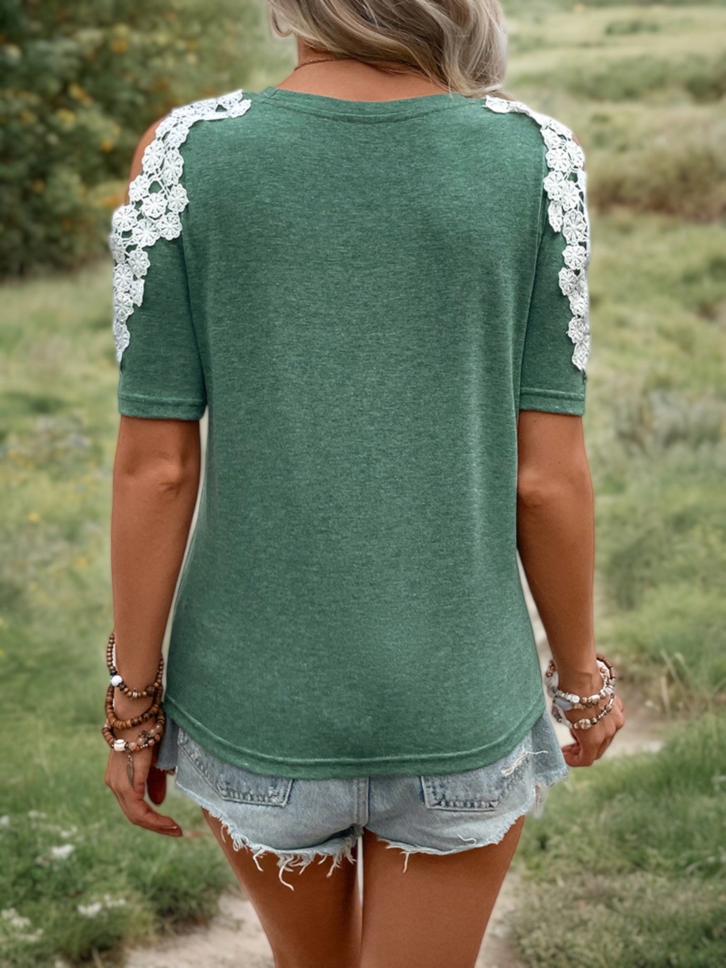 Short Sleeve Twist Knot Top with Floral Lace Cutout Shoulders