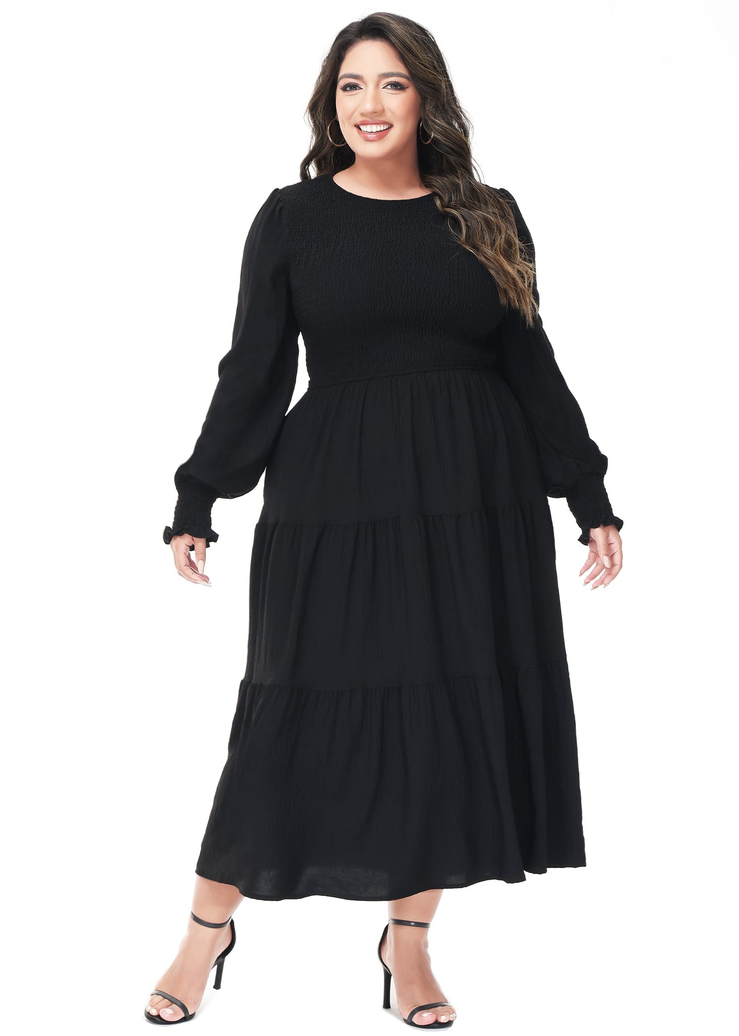 Anna-Kaci Women's Plus Size Casual Poet Long Sleeve Smocked Dress Crewneck Flowy Tiered Midi Dress