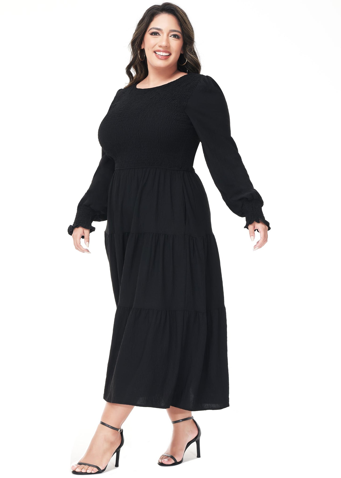 Anna-Kaci Women's Plus Size Casual Poet Long Sleeve Smocked Dress Crewneck Flowy Tiered Midi Dress