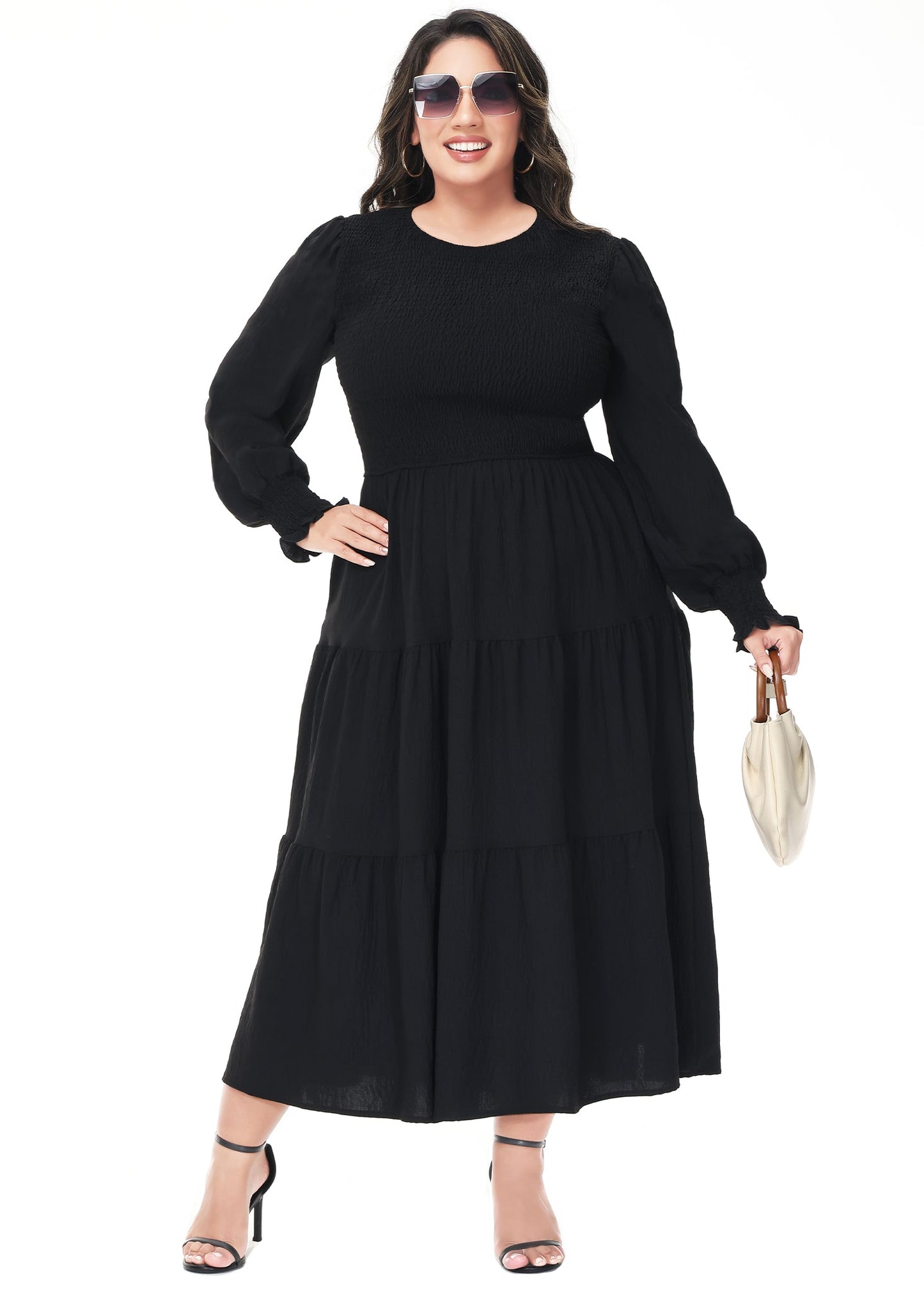 Anna-Kaci Women's Plus Size Casual Poet Long Sleeve Smocked Dress Crewneck Flowy Tiered Midi Dress