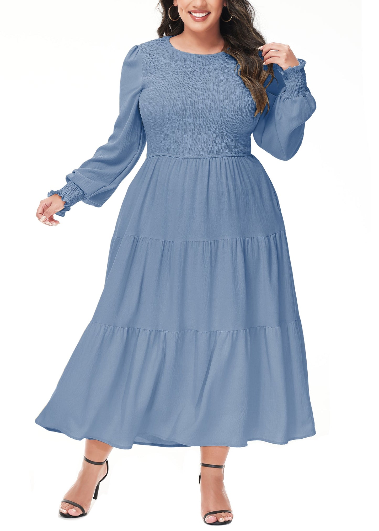 Anna-Kaci Women's Plus Size Casual Poet Long Sleeve Smocked Dress Crewneck Flowy Tiered Midi Dress