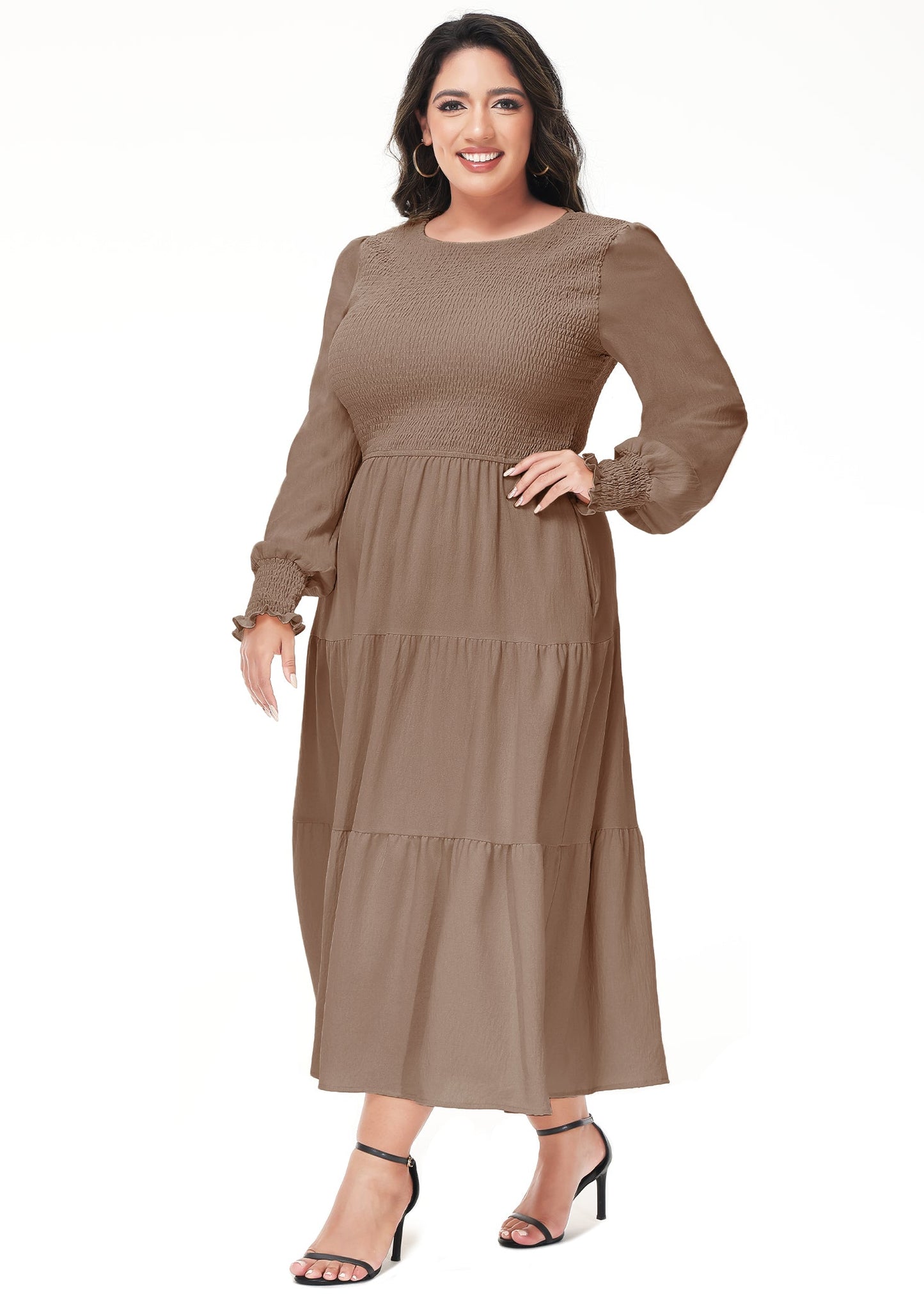 Anna-Kaci Women's Plus Size Casual Poet Long Sleeve Smocked Dress Crewneck Flowy Tiered Midi Dress