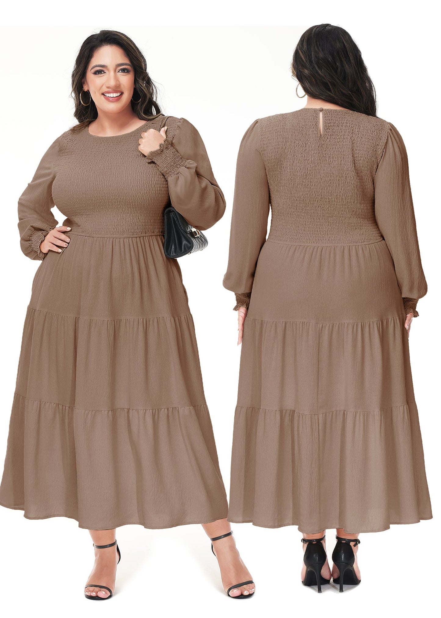 Anna-Kaci Women's Plus Size Casual Poet Long Sleeve Smocked Dress Crewneck Flowy Tiered Midi Dress