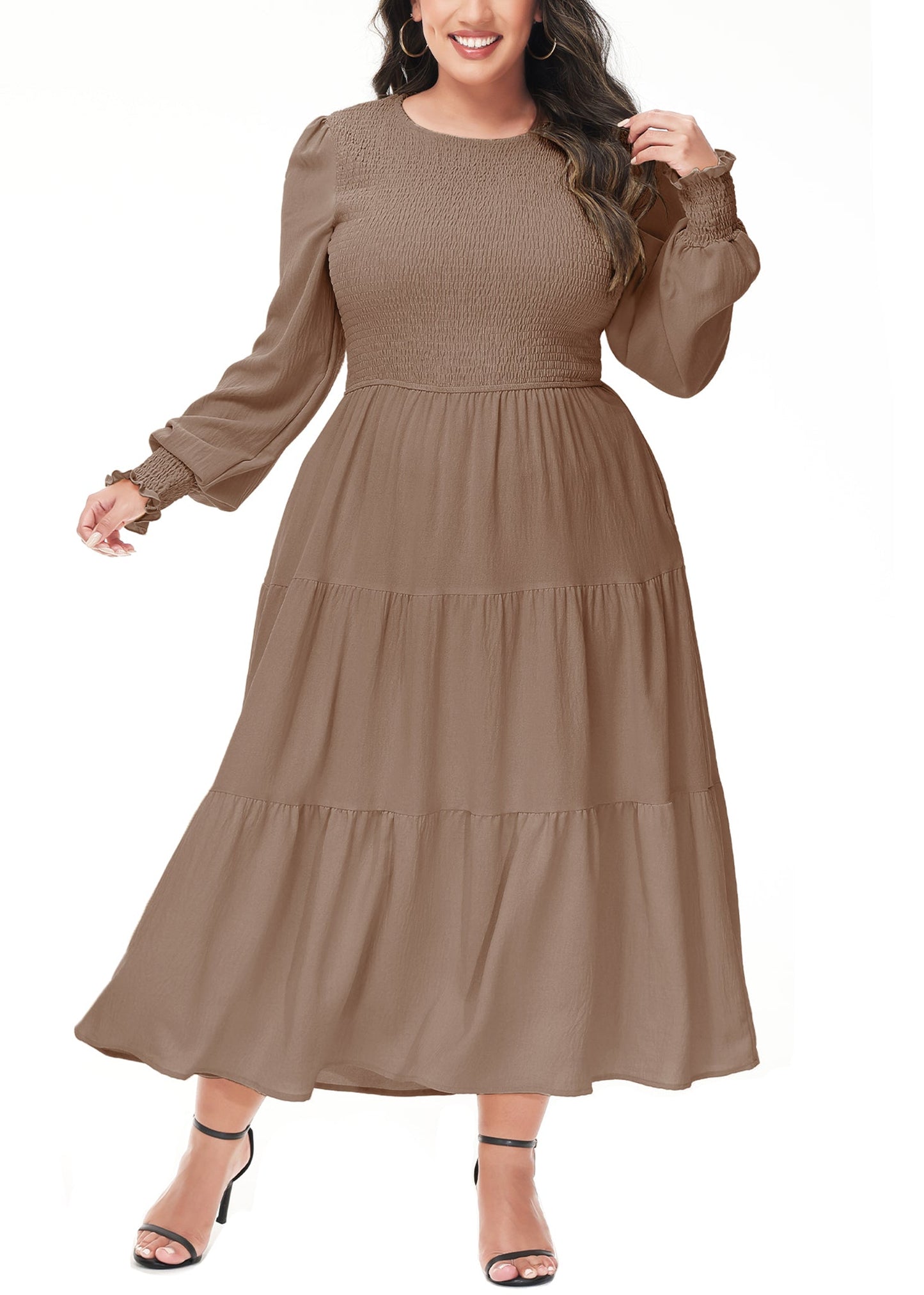 Anna-Kaci Women's Plus Size Casual Poet Long Sleeve Smocked Dress Crewneck Flowy Tiered Midi Dress