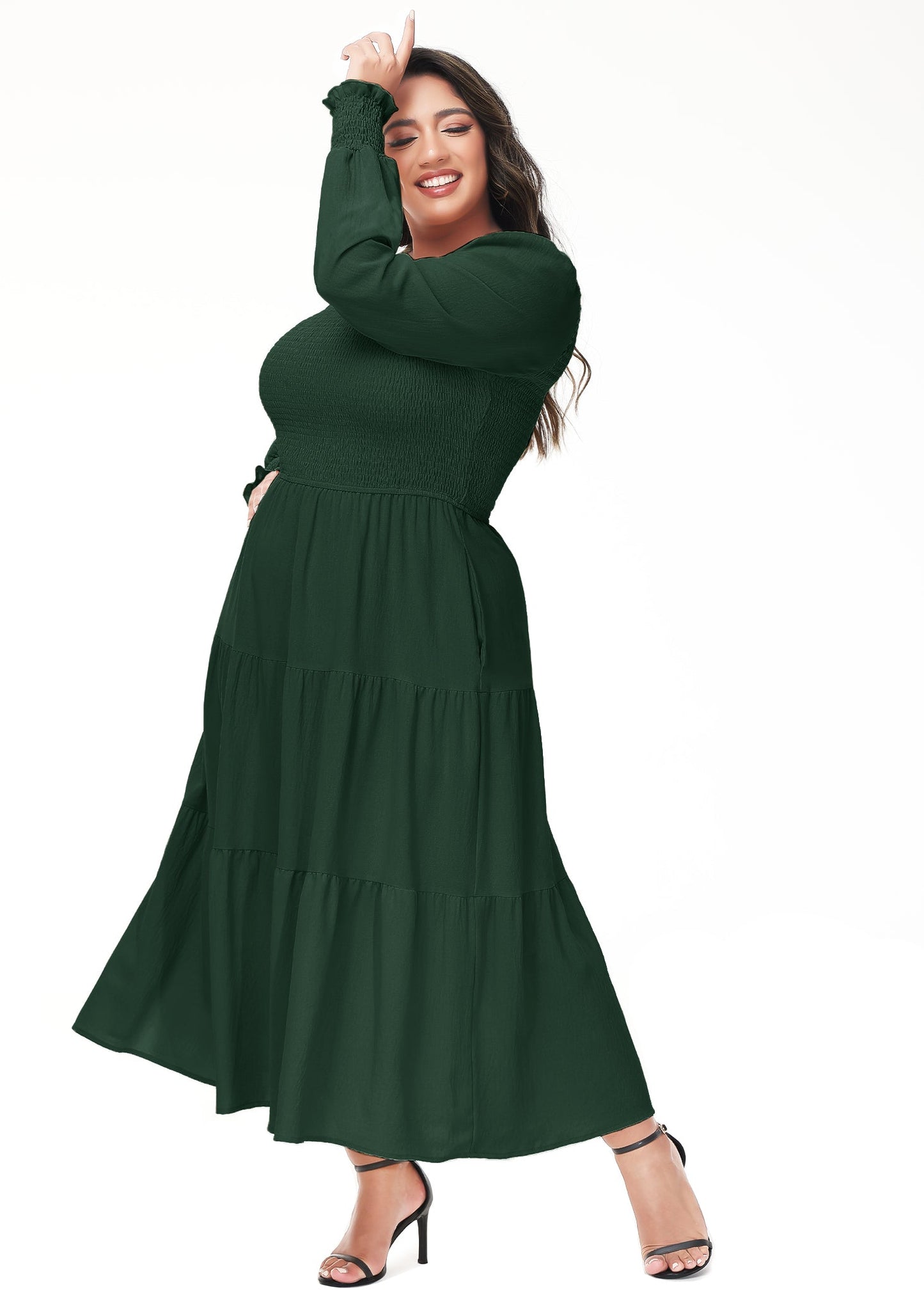 Anna-Kaci Women's Plus Size Casual Poet Long Sleeve Smocked Dress Crewneck Flowy Tiered Midi Dress