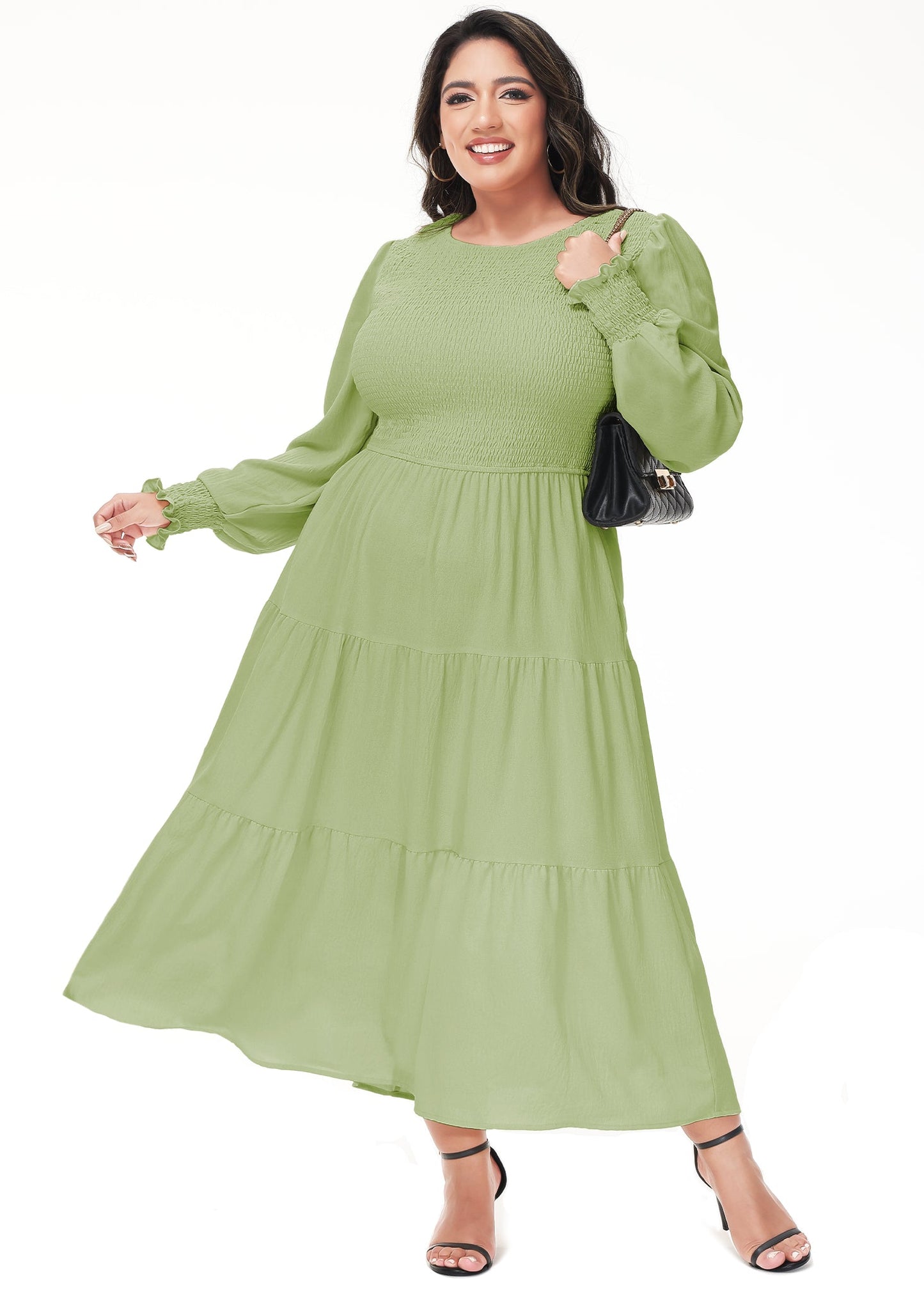 Anna-Kaci Women's Plus Size Casual Poet Long Sleeve Smocked Dress Crewneck Flowy Tiered Midi Dress