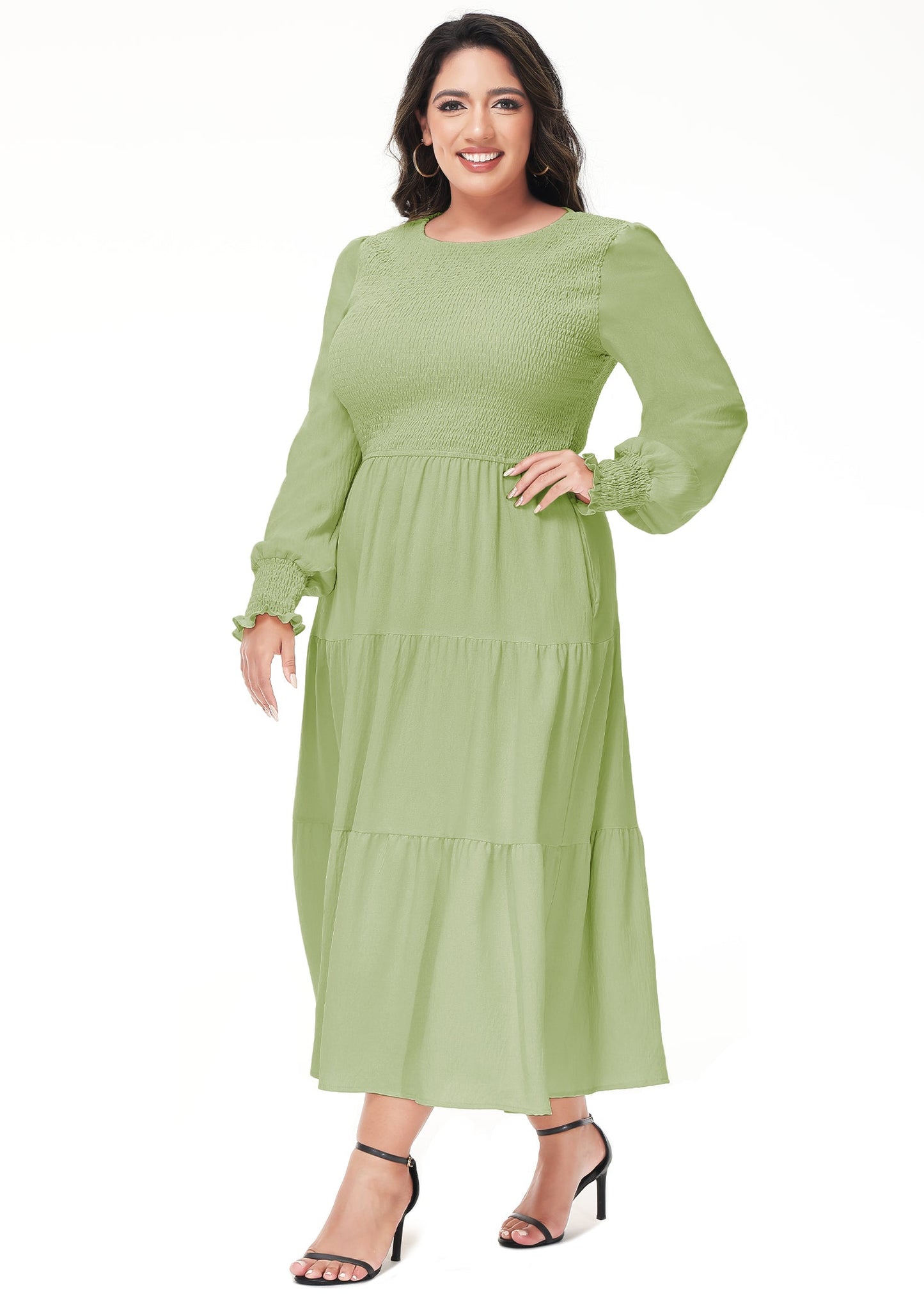 Anna-Kaci Women's Plus Size Casual Poet Long Sleeve Smocked Dress Crewneck Flowy Tiered Midi Dress