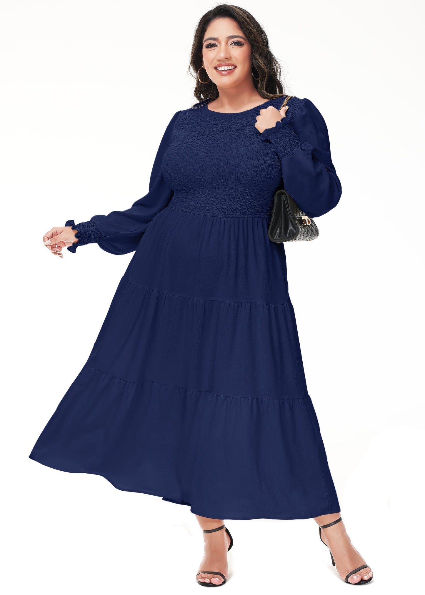 Anna-Kaci Women's Plus Size Casual Poet Long Sleeve Smocked Dress Crewneck Flowy Tiered Midi Dress