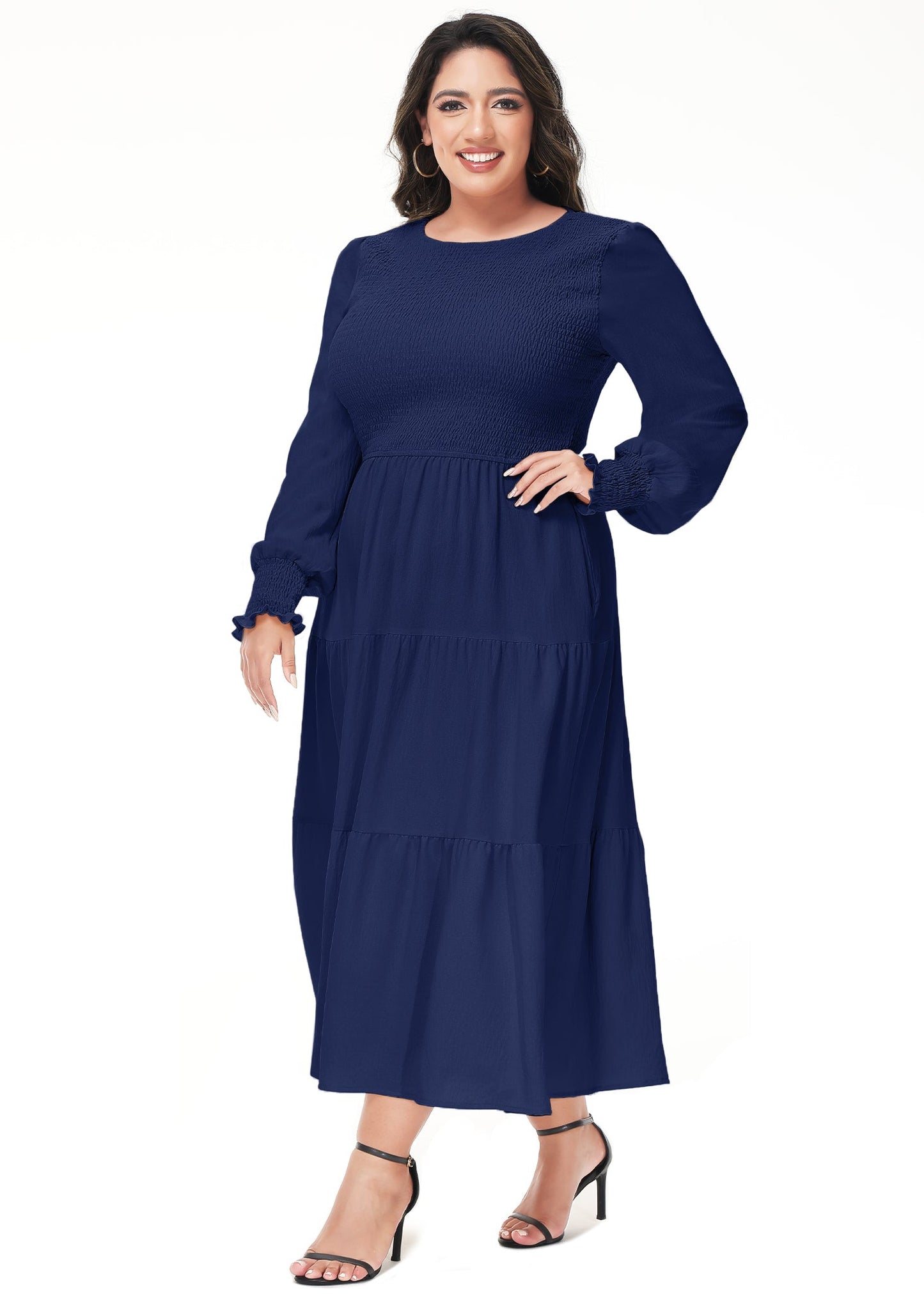 Anna-Kaci Women's Plus Size Casual Poet Long Sleeve Smocked Dress Crewneck Flowy Tiered Midi Dress