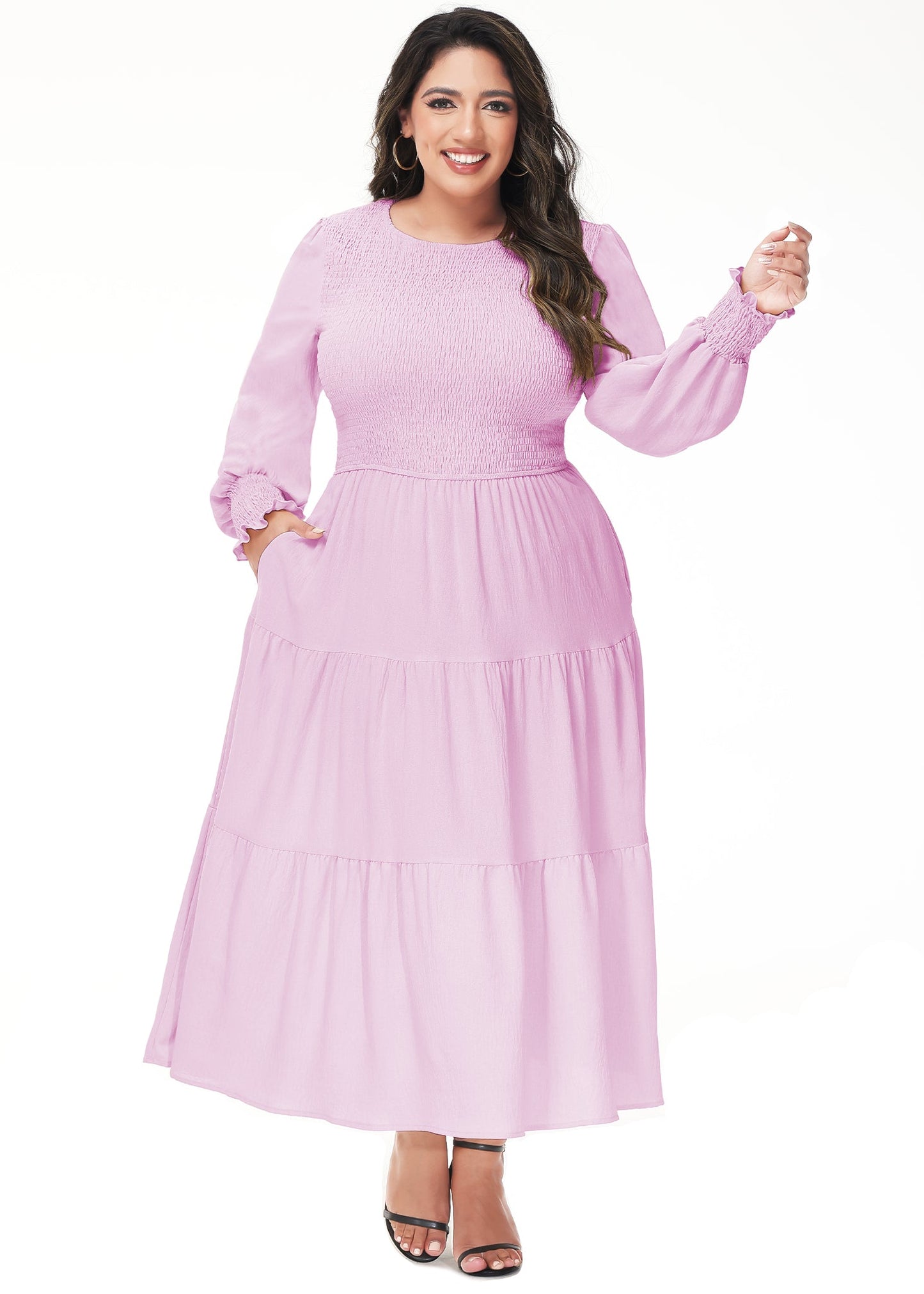 Anna-Kaci Women's Plus Size Casual Poet Long Sleeve Smocked Dress Crewneck Flowy Tiered Midi Dress