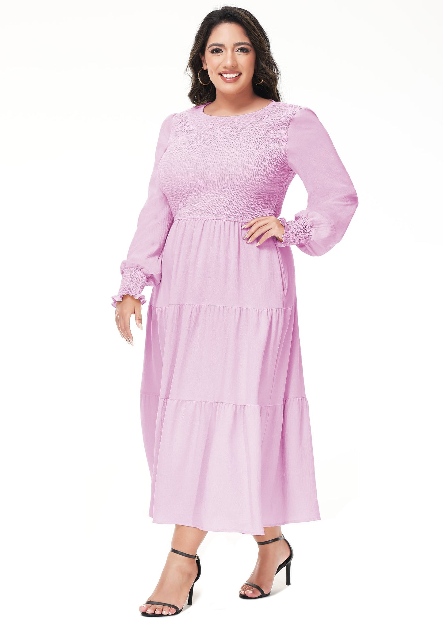 Anna-Kaci Women's Plus Size Casual Poet Long Sleeve Smocked Dress Crewneck Flowy Tiered Midi Dress