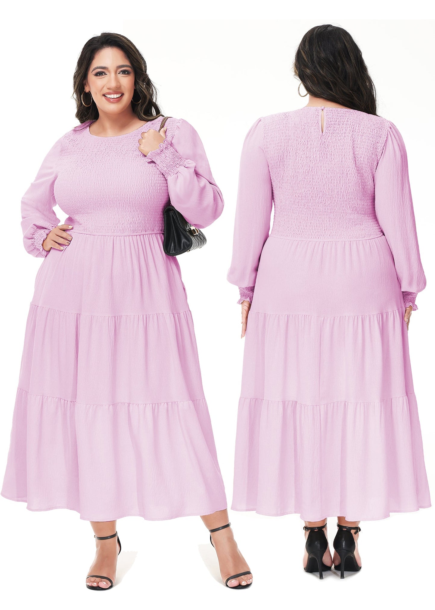 Anna-Kaci Women's Plus Size Casual Poet Long Sleeve Smocked Dress Crewneck Flowy Tiered Midi Dress