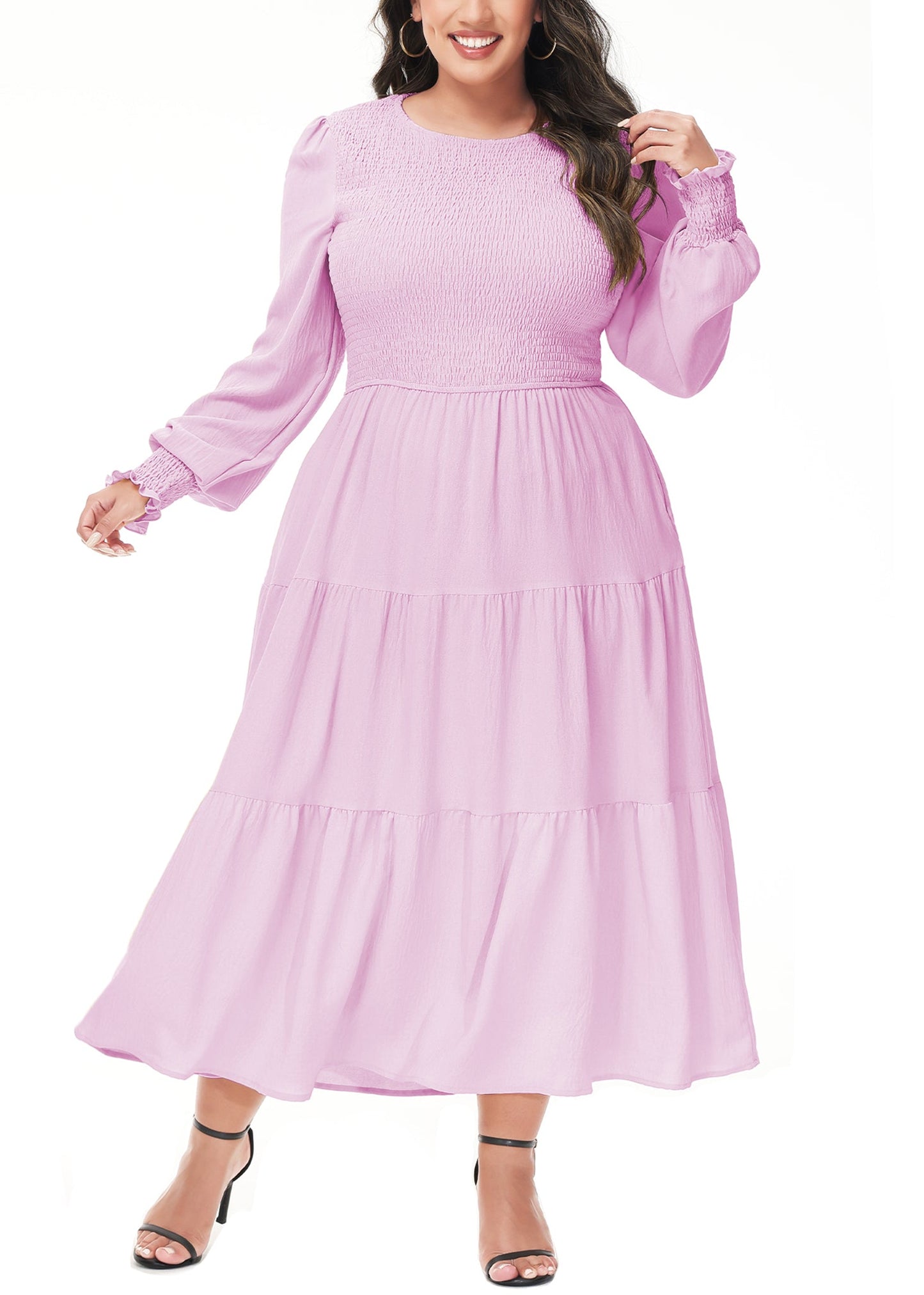 Anna-Kaci Women's Plus Size Casual Poet Long Sleeve Smocked Dress Crewneck Flowy Tiered Midi Dress