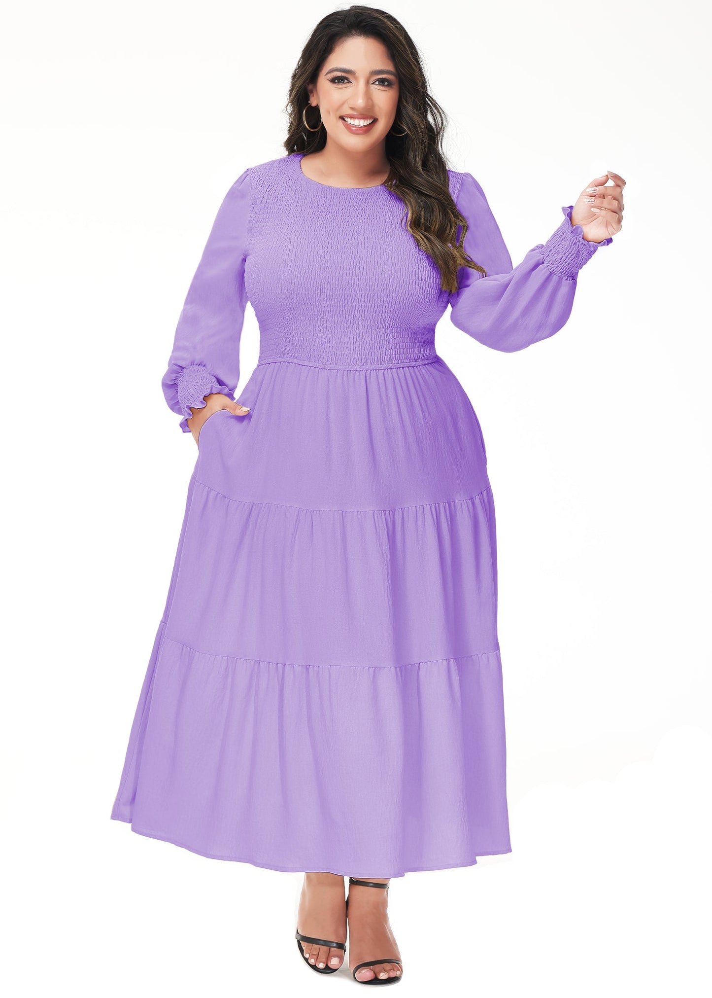 Anna-Kaci Women's Plus Size Casual Poet Long Sleeve Smocked Dress Crewneck Flowy Tiered Midi Dress