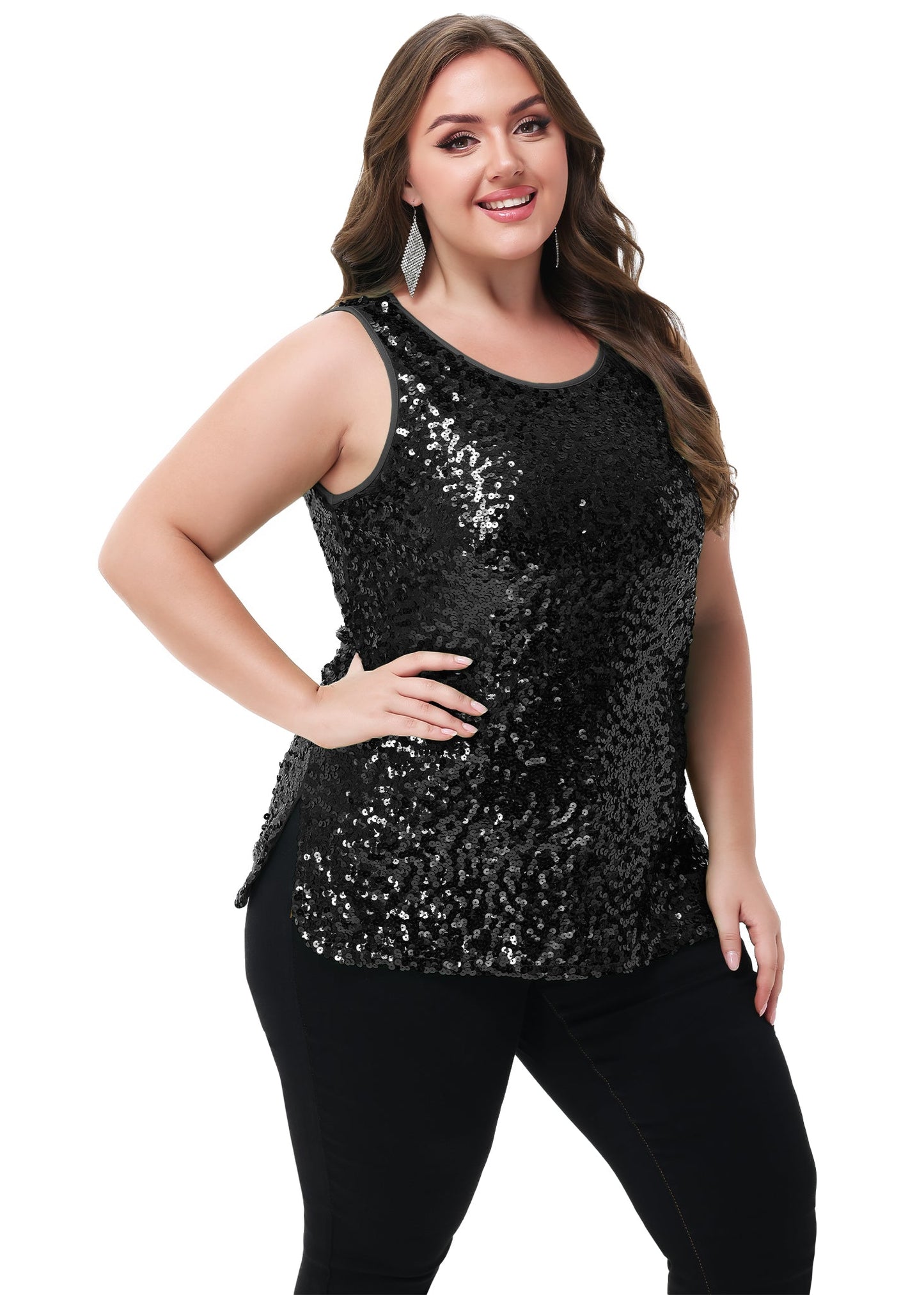 Womens Plus Size Sleeveless Sequin Tops Sparkle Shine Tank Top