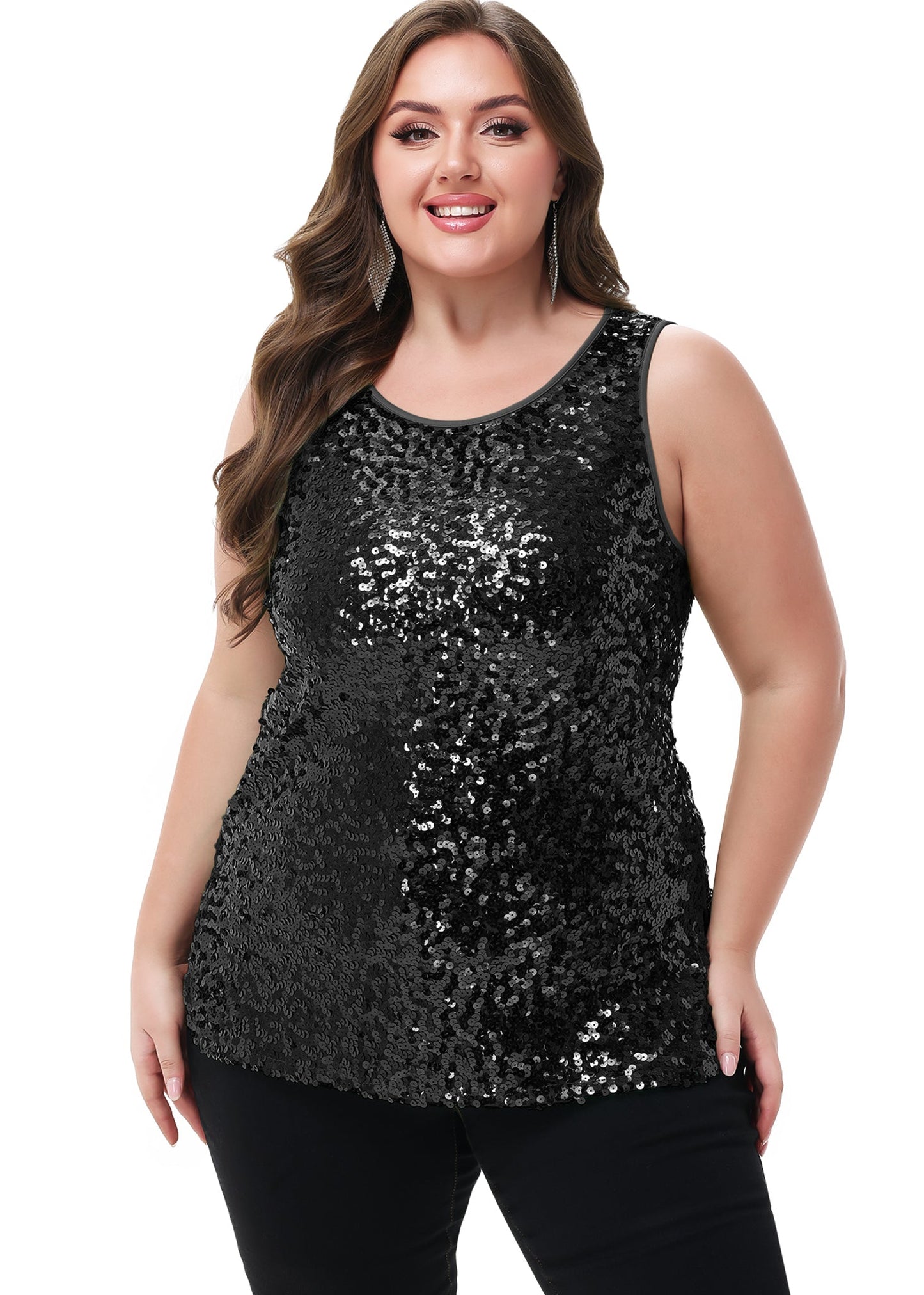 Womens Plus Size Sleeveless Sequin Tops Sparkle Shine Tank Top