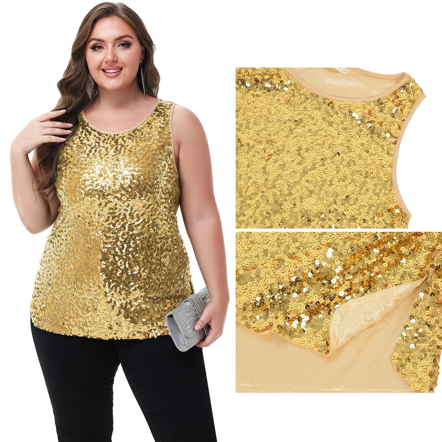 Womens Plus Size Sleeveless Sequin Tops Sparkle Shine Tank Top