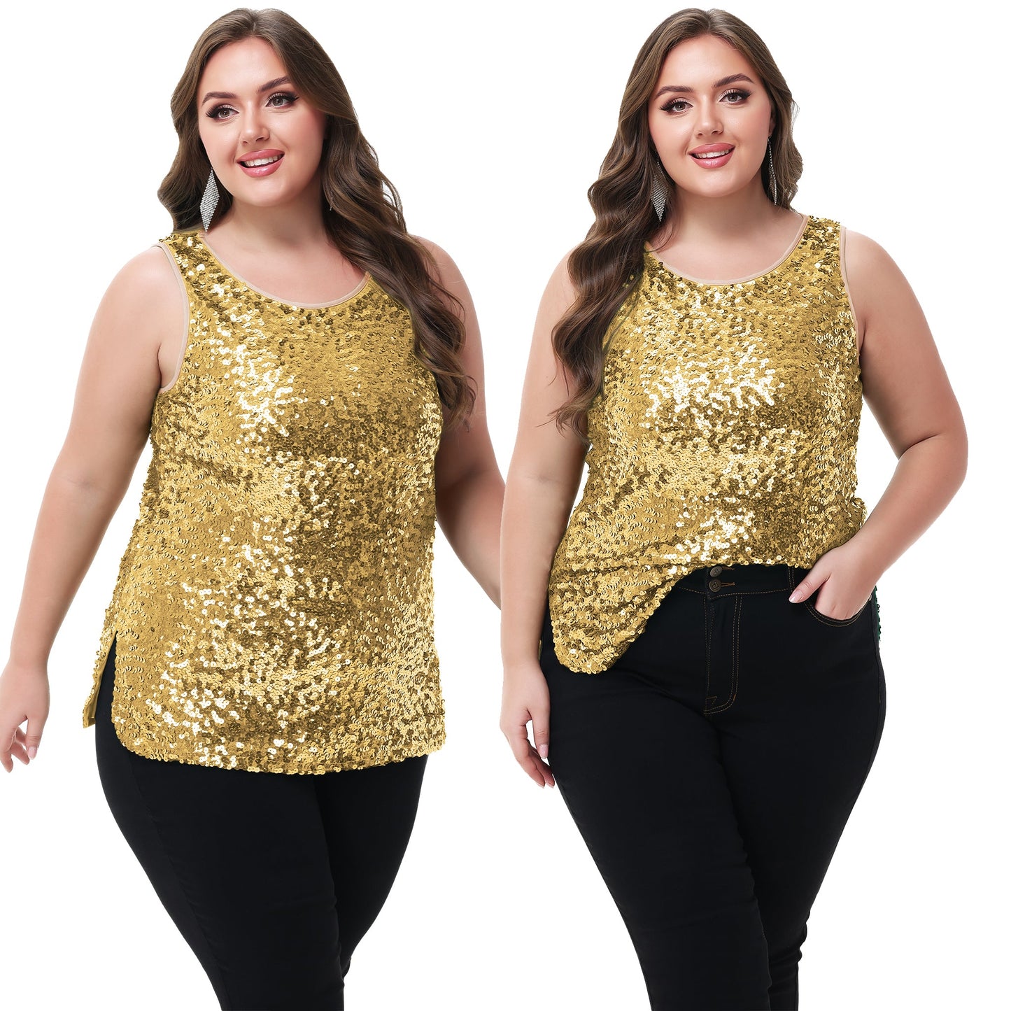 Womens Plus Size Sleeveless Sequin Tops Sparkle Shine Tank Top