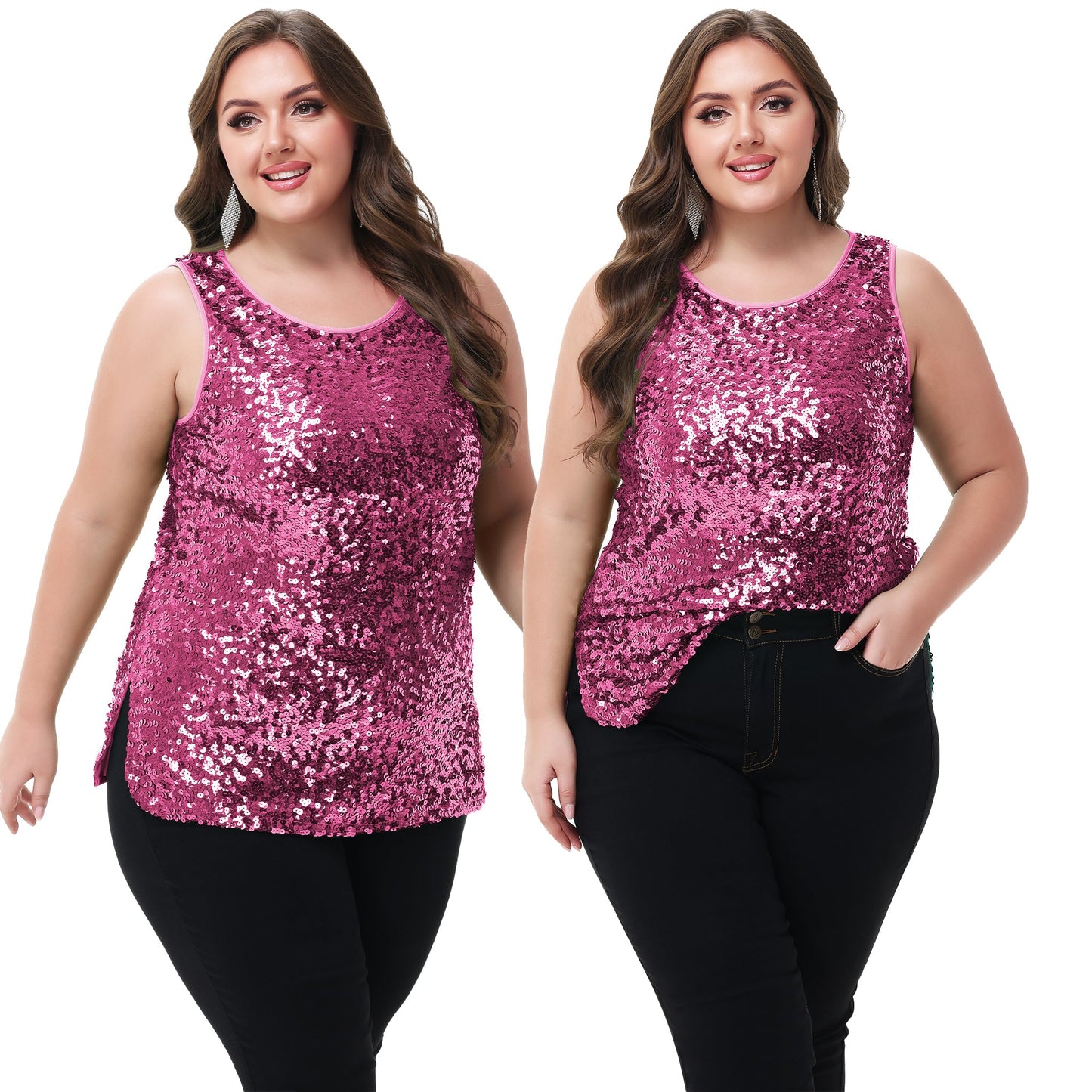 Womens Plus Size Sleeveless Sequin Tops Sparkle Shine Tank Top