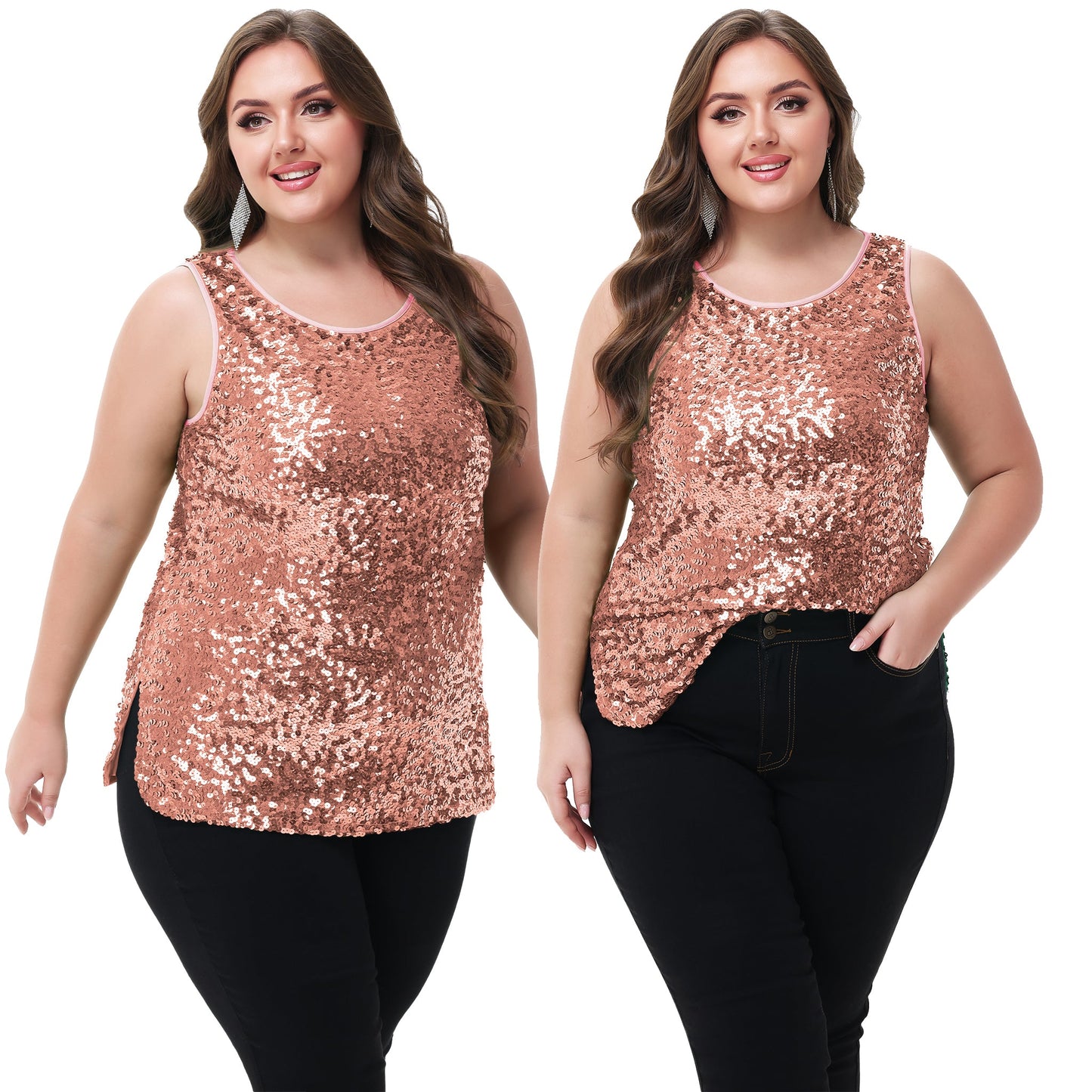 Womens Plus Size Sleeveless Sequin Tops Sparkle Shine Tank Top