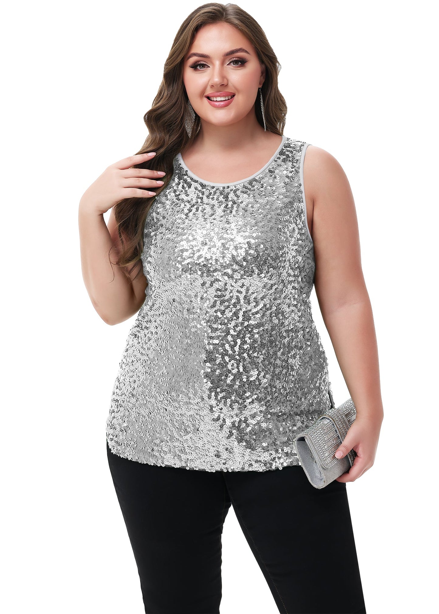 Womens Plus Size Sleeveless Sequin Tops Sparkle Shine Tank Top