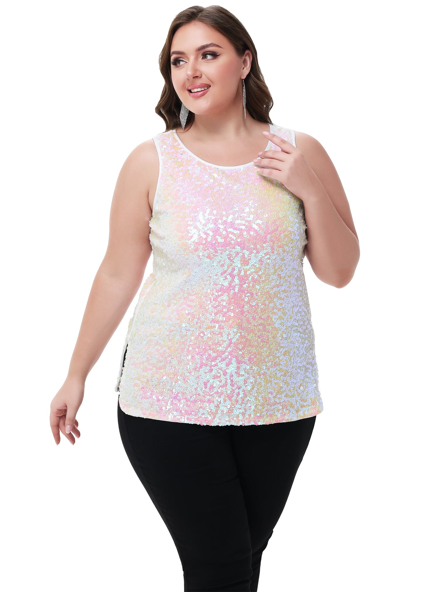 Womens Plus Size Sleeveless Sequin Tops Sparkle Shine Tank Top