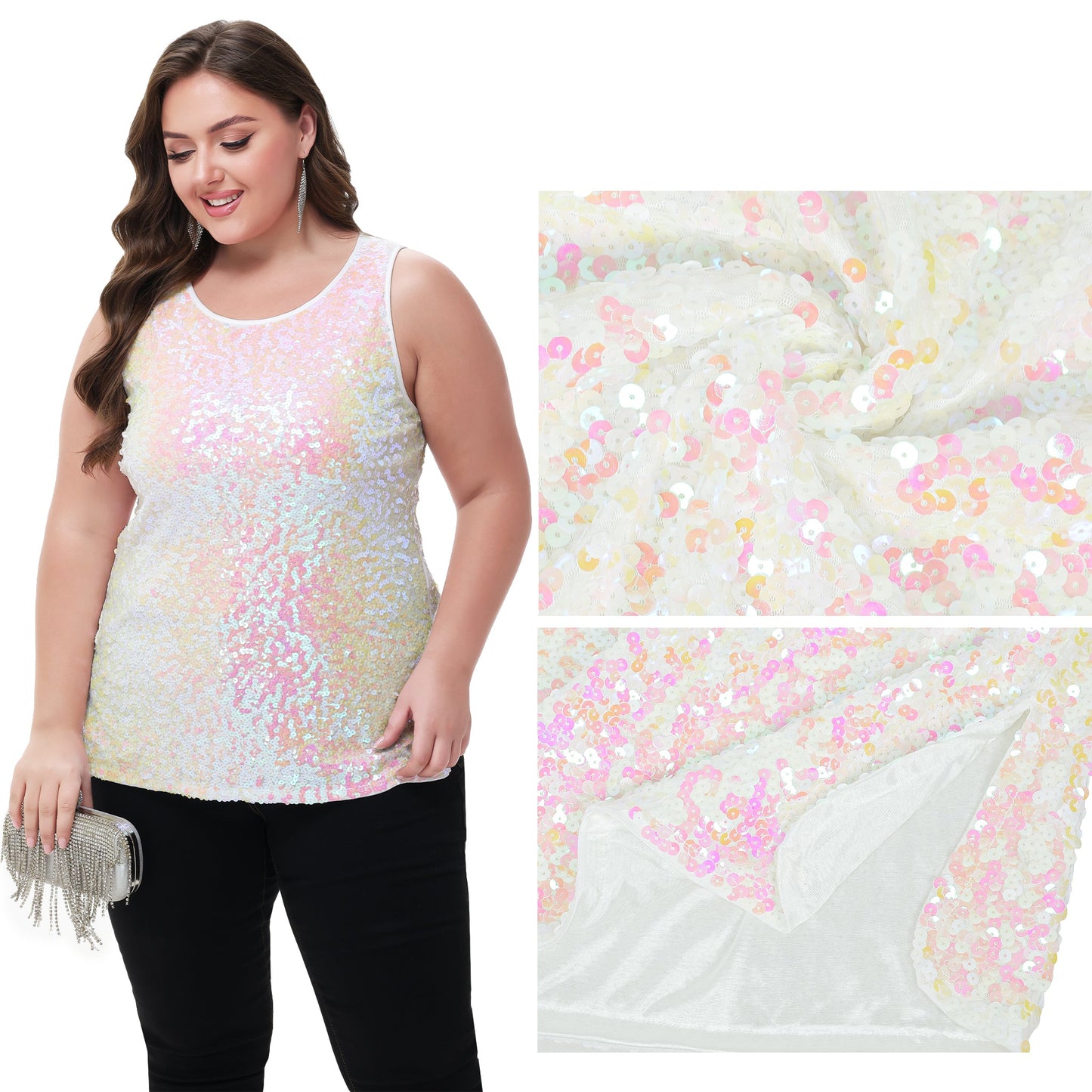 Womens Plus Size Sleeveless Sequin Tops Sparkle Shine Tank Top