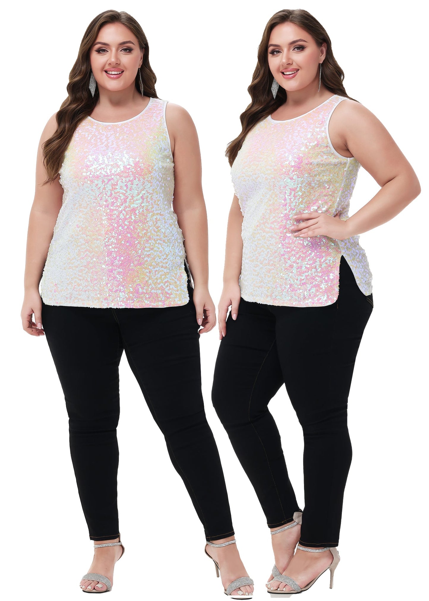 Womens Plus Size Sleeveless Sequin Tops Sparkle Shine Tank Top