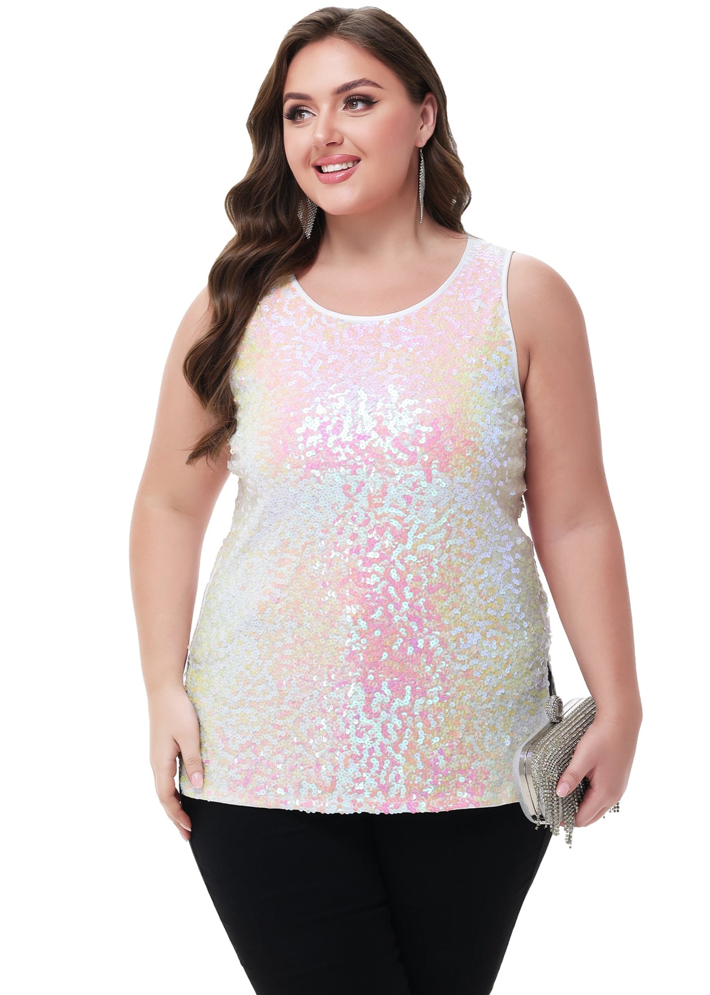 Womens Plus Size Sleeveless Sequin Tops Sparkle Shine Tank Top