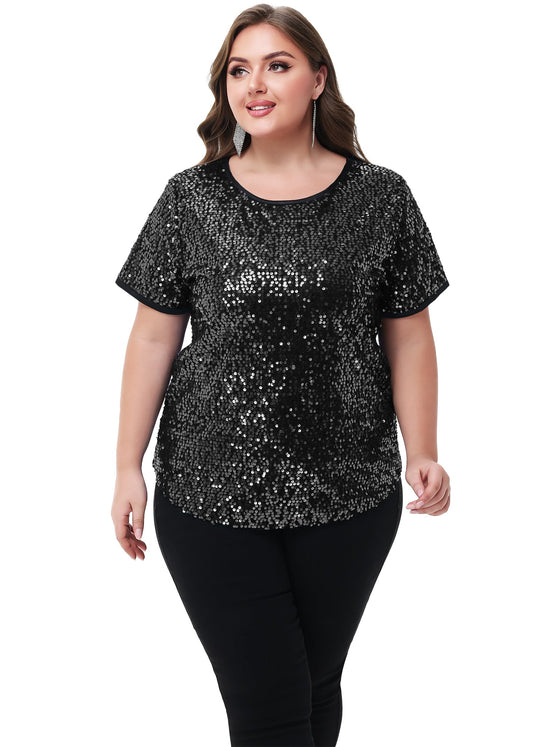 Women's Sequin Tops Plus Size Round Neck Sparkle Glitter Short Sleeve Party Tunic Blouse